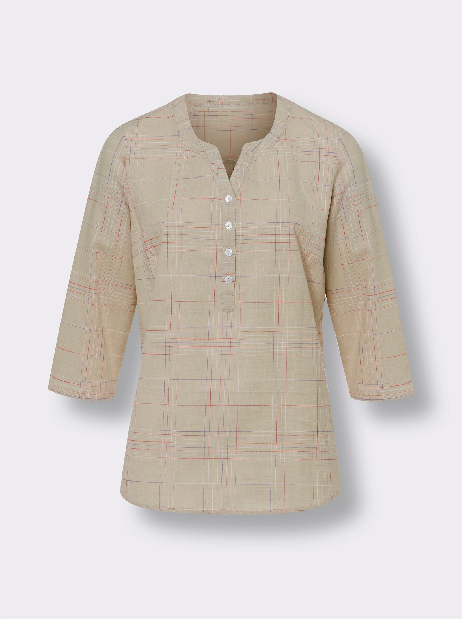 Navlékací halenka s kostkovaným vzorem z barvené příze - písková-korálová-kostka