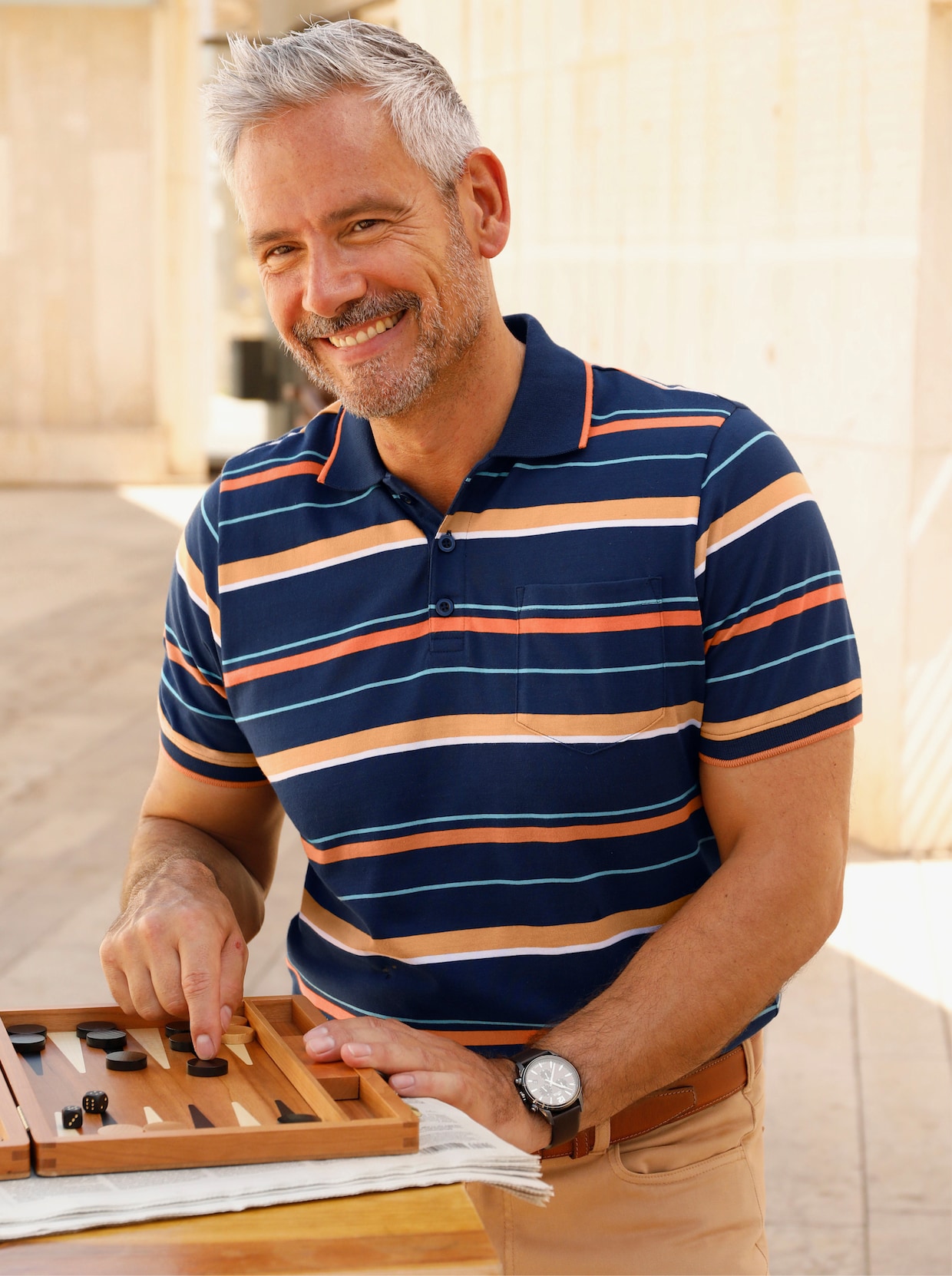Marco Donati Kurzarmshirt - dunkelblau-papaya-gestreift