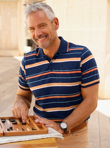 Marco Donati Kurzarmshirt - dunkelblau-papaya-gestreift