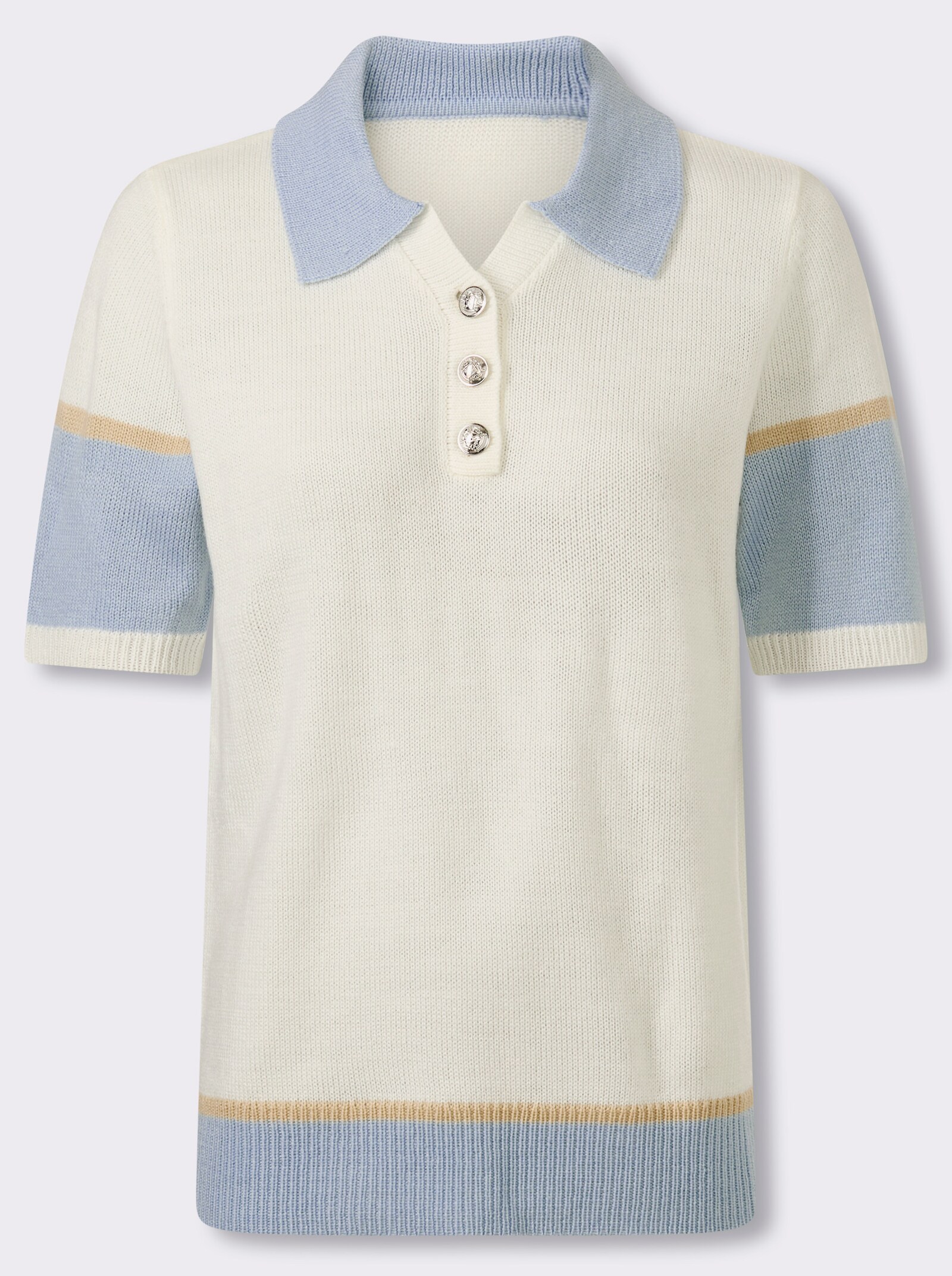 Polopullover mit silberfarbenen Schmuckknöpfen - ecru-hellblau-gemustert