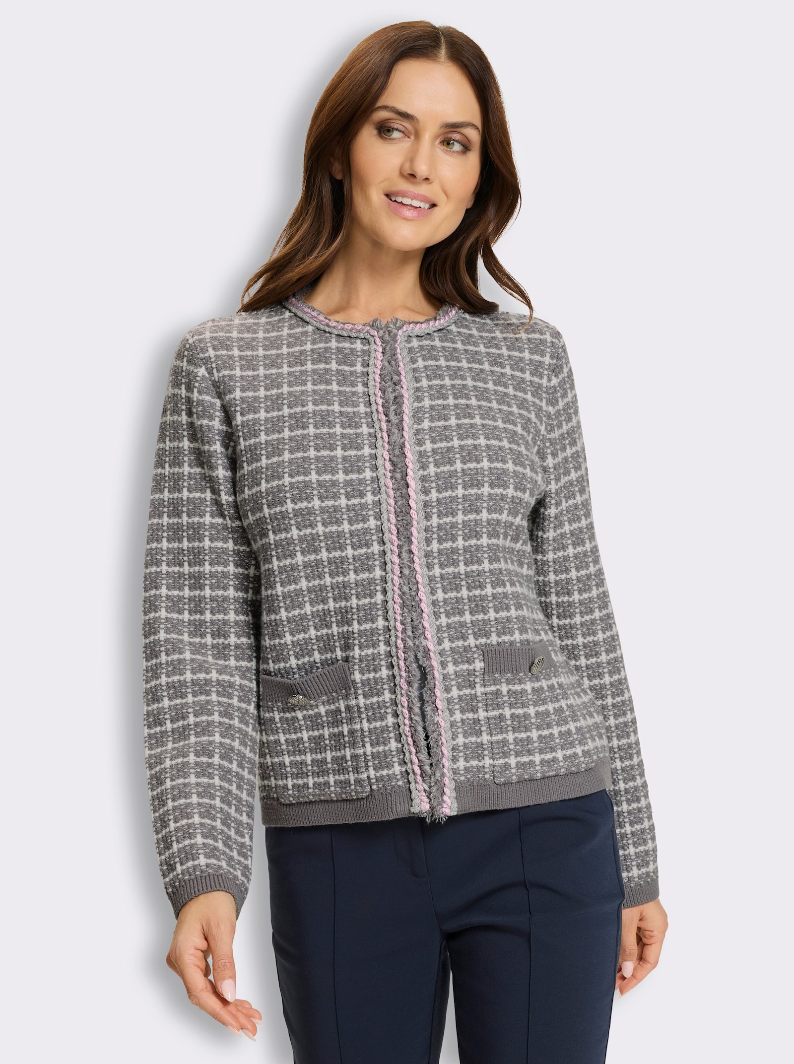heine Strickjacke mit Rundhals-Ausschnitt - grau-ecru-gemustert