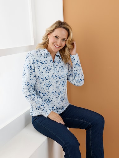 Fleeceshirt mit Hemdkragen - ecru-hellblau-bedruckt