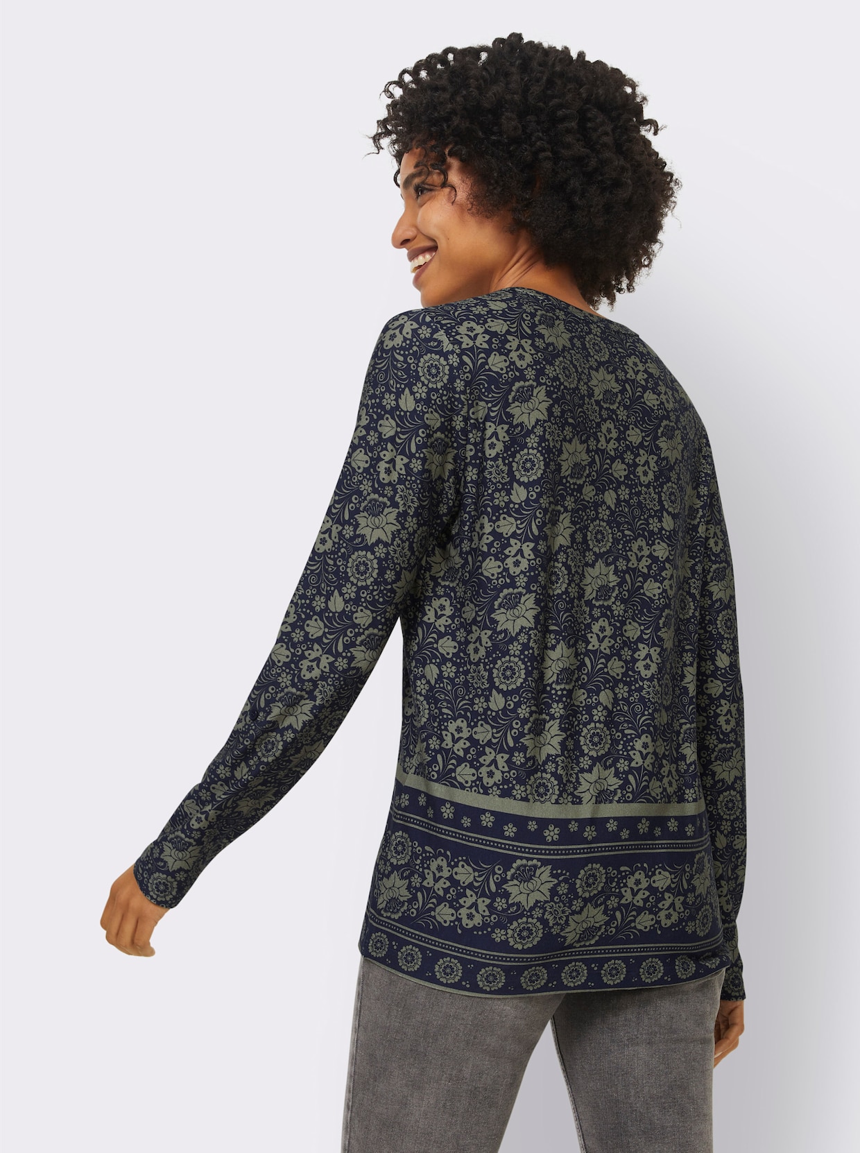 heine Print-Shirt - khaki-marine-bedruckt