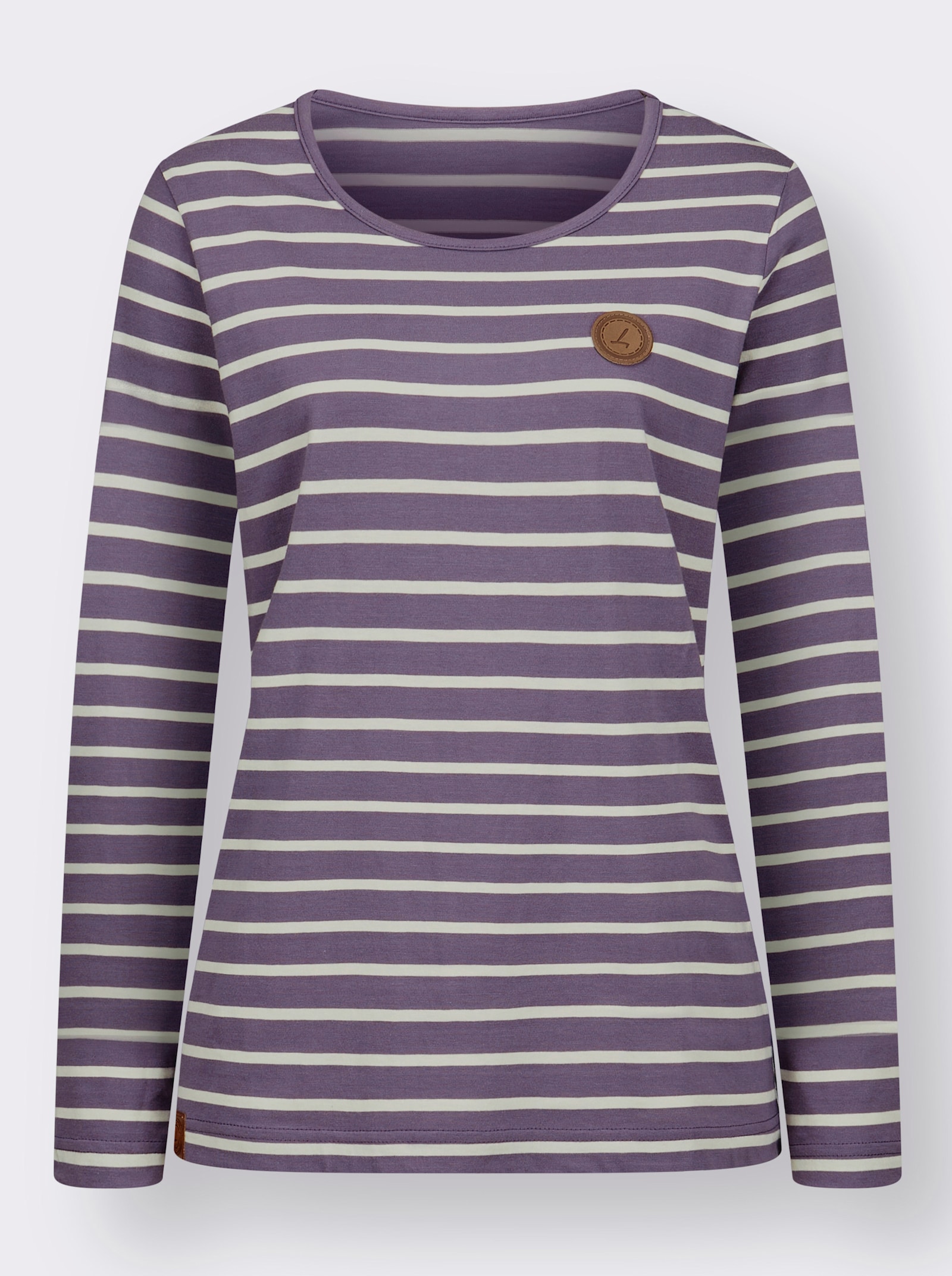 Proužkované tričko se záplatami z imitace kůže - fíková-ecru-proužek