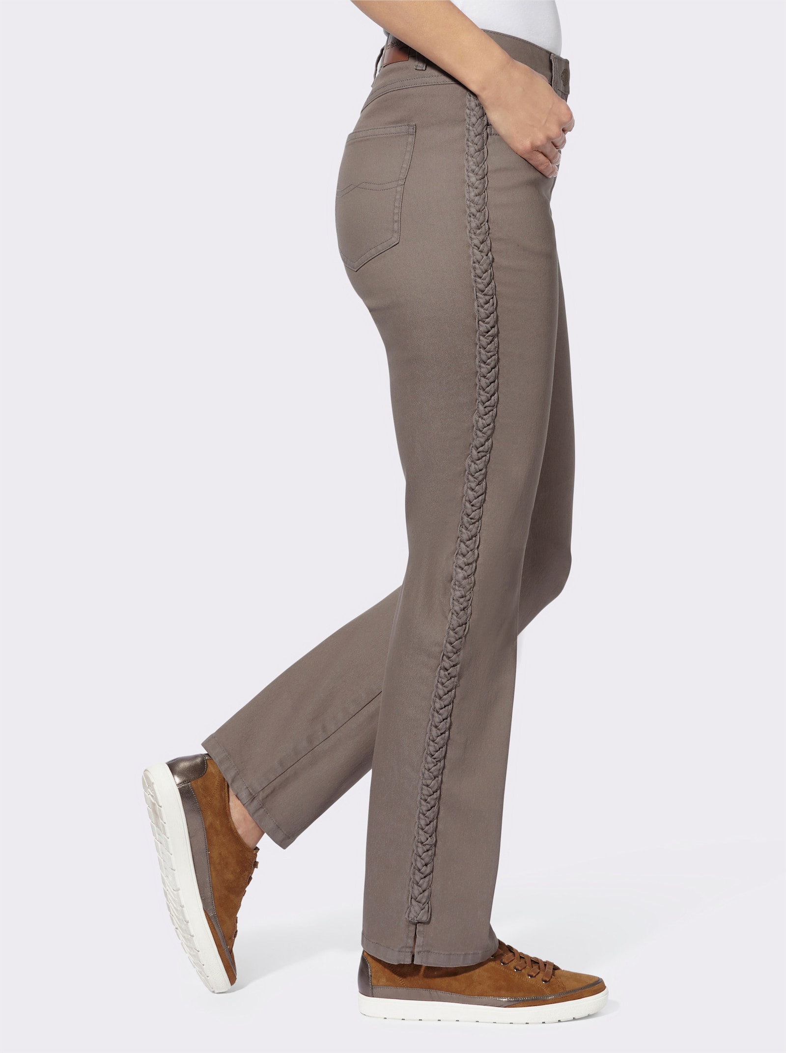 5-pocketjeans met siervlechtwerk aan de zijkanten - taupe/denim