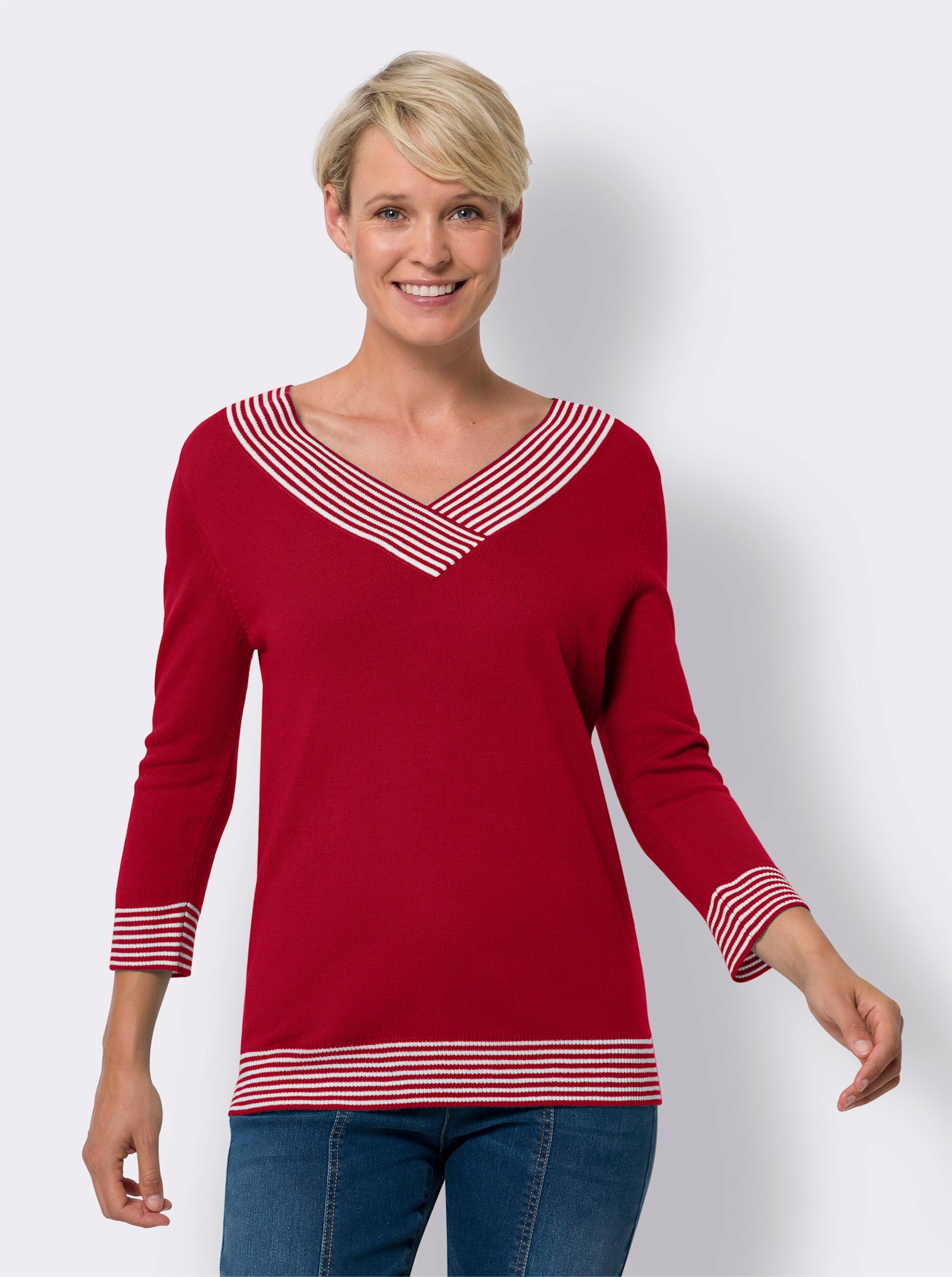Pullover met 3/4-mouwen en V-hals - rood/wit