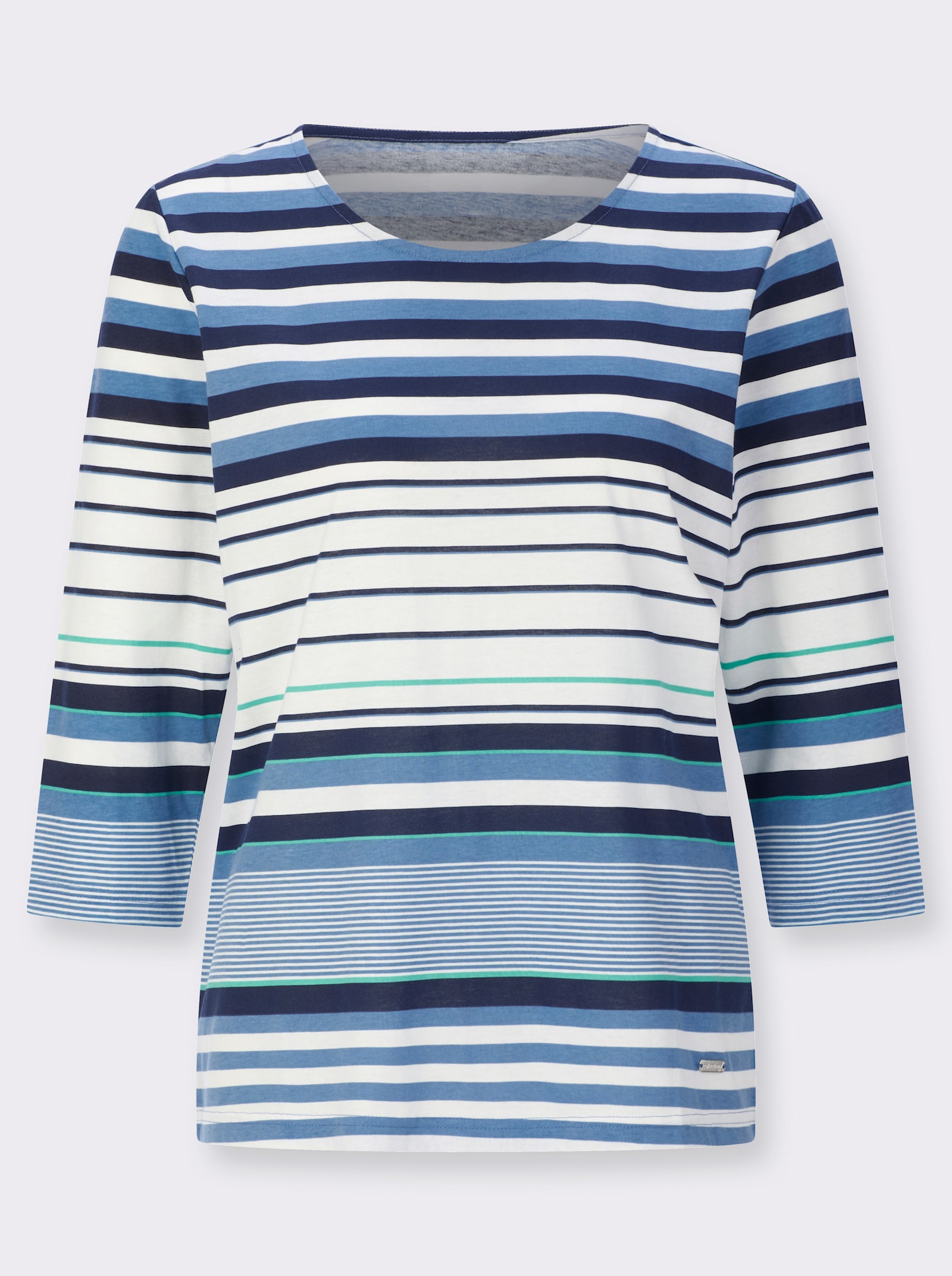 Rundhalsshirt mit 3/4-Ärmeln - mittelblau-ecru-geringelt