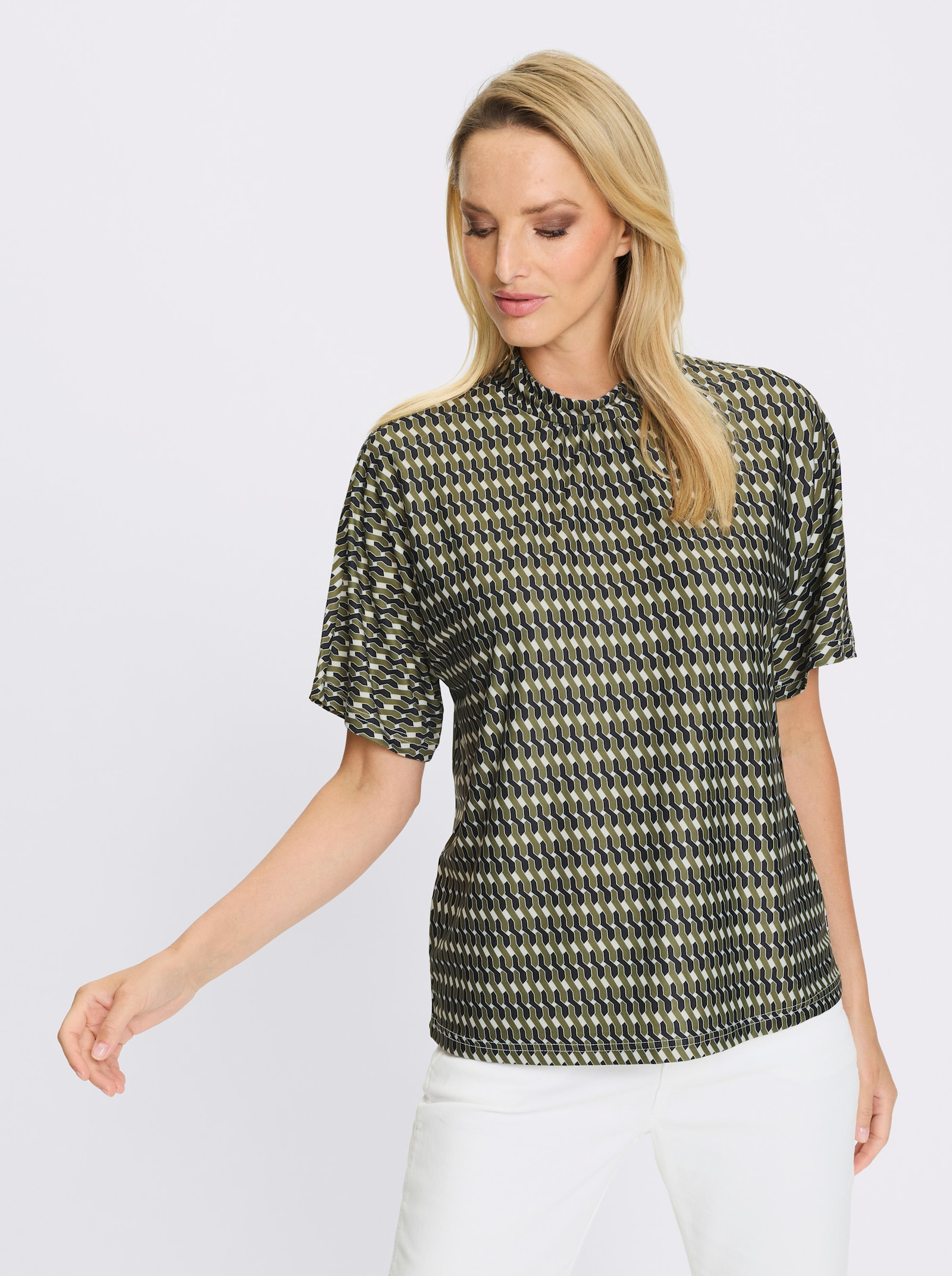 heine Blusenshirt Ausschnitt mit Kräuselung - oliv-schwarz-bedruckt