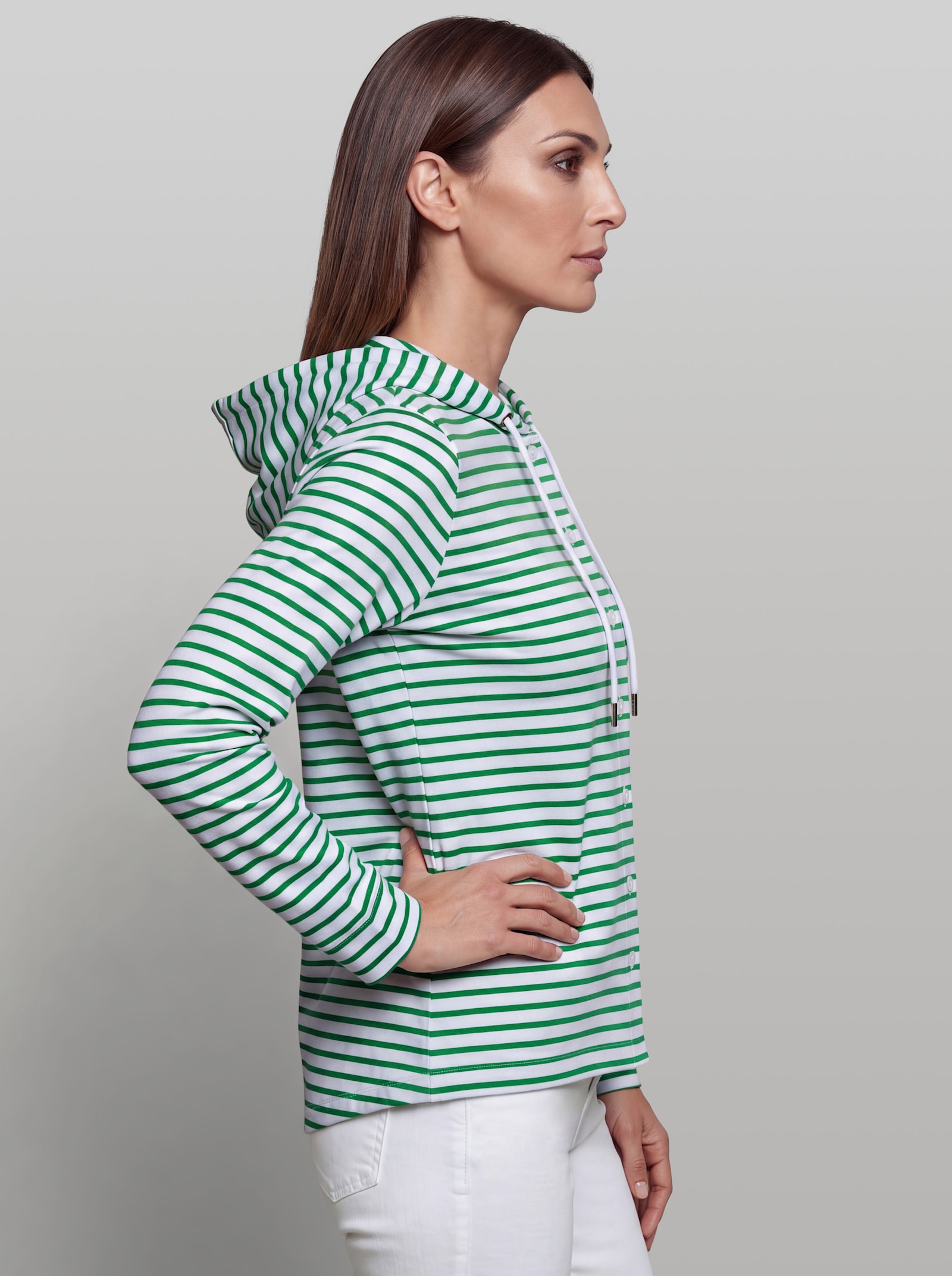 heine Streifenshirt mit Kapuze - weiß-grasgrün-geringelt
