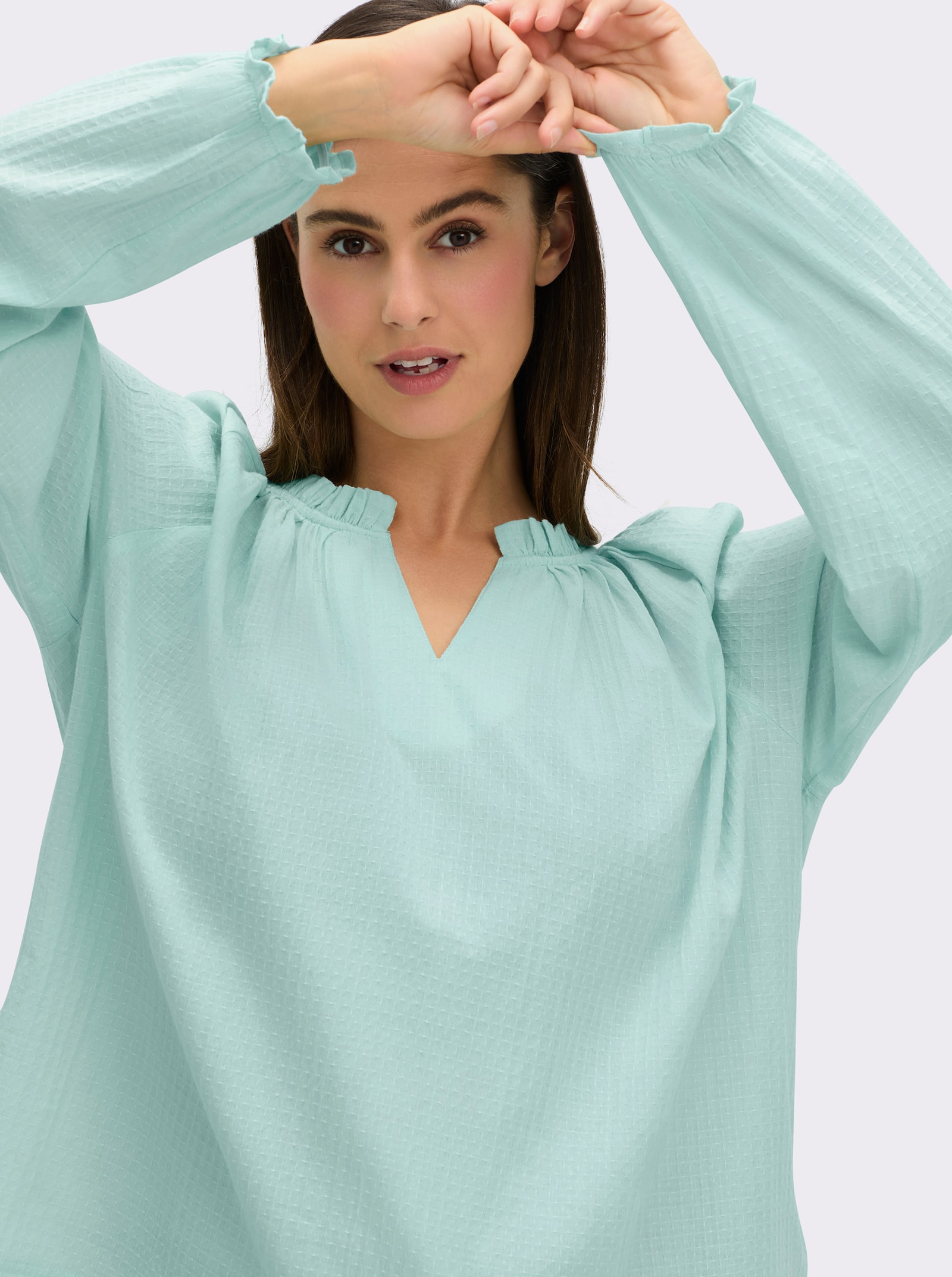 Langarmbluse mit Raffung, strukturiert - kalkmint