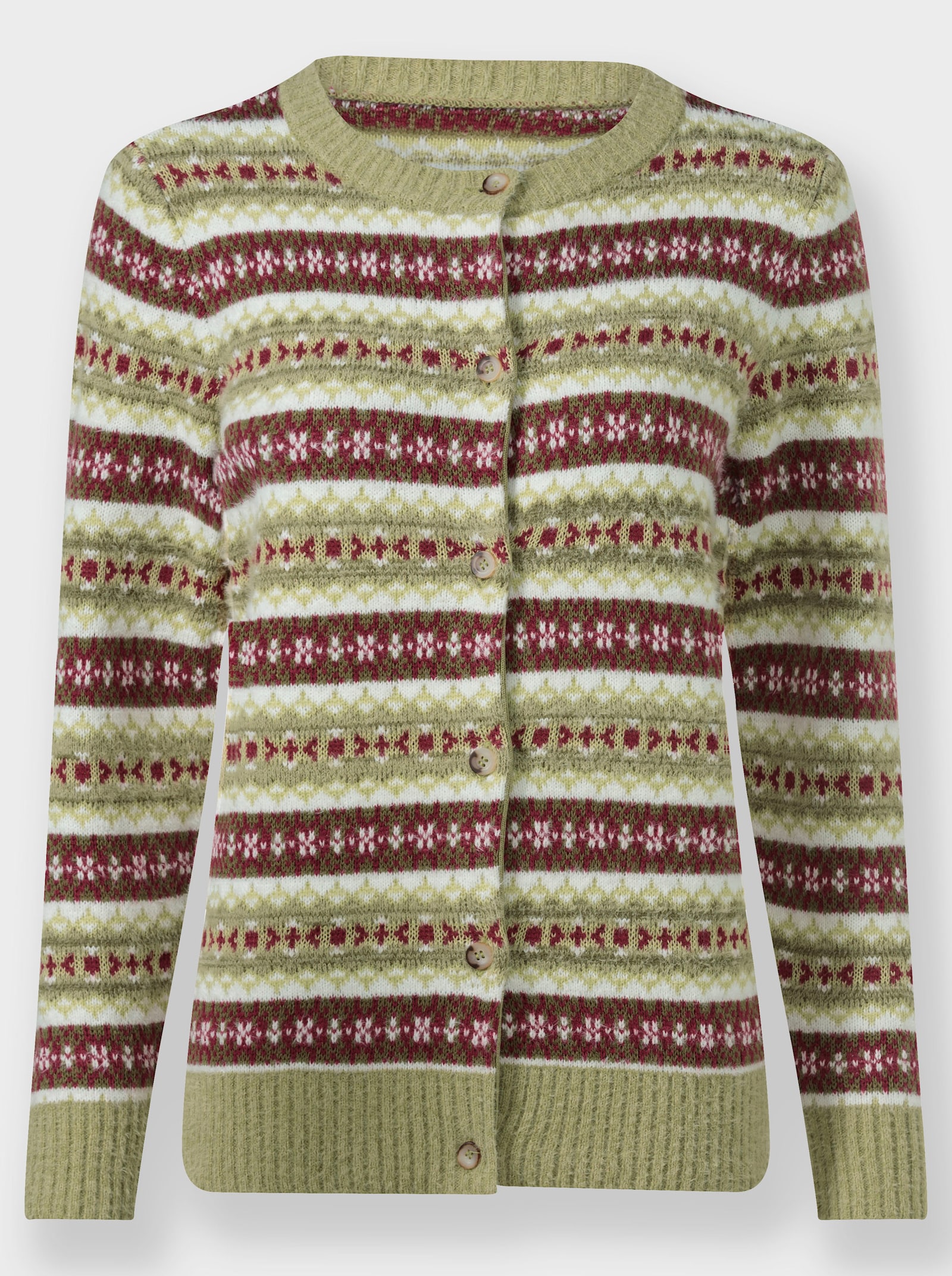 Vest van jacquard met merinowol - rietgroen/bordeaux gedessineerd