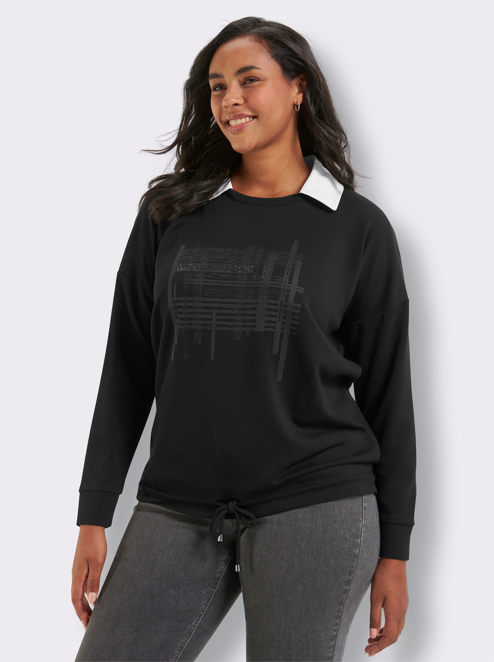 sheego Sweatshirt mit abnehmbarem Hemdkragen - schwarz-bedruckt