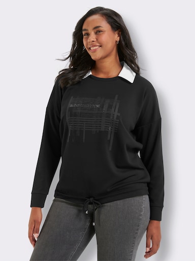 sheego Sweatshirt mit abnehmbarem Hemdkragen - schwarz-bedruckt