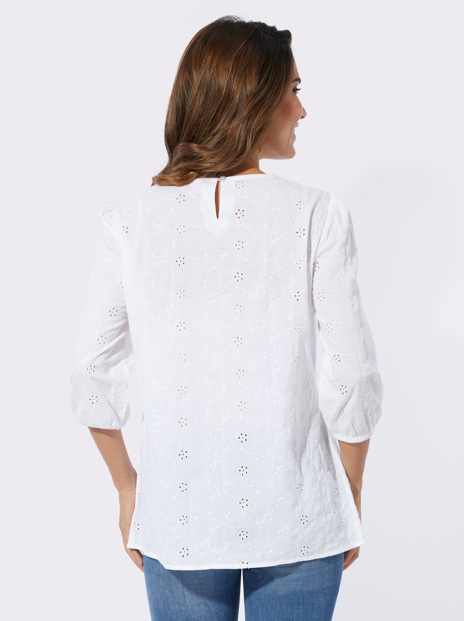 Schlupfbluse mit Spitze und Lochstickerei - ecru