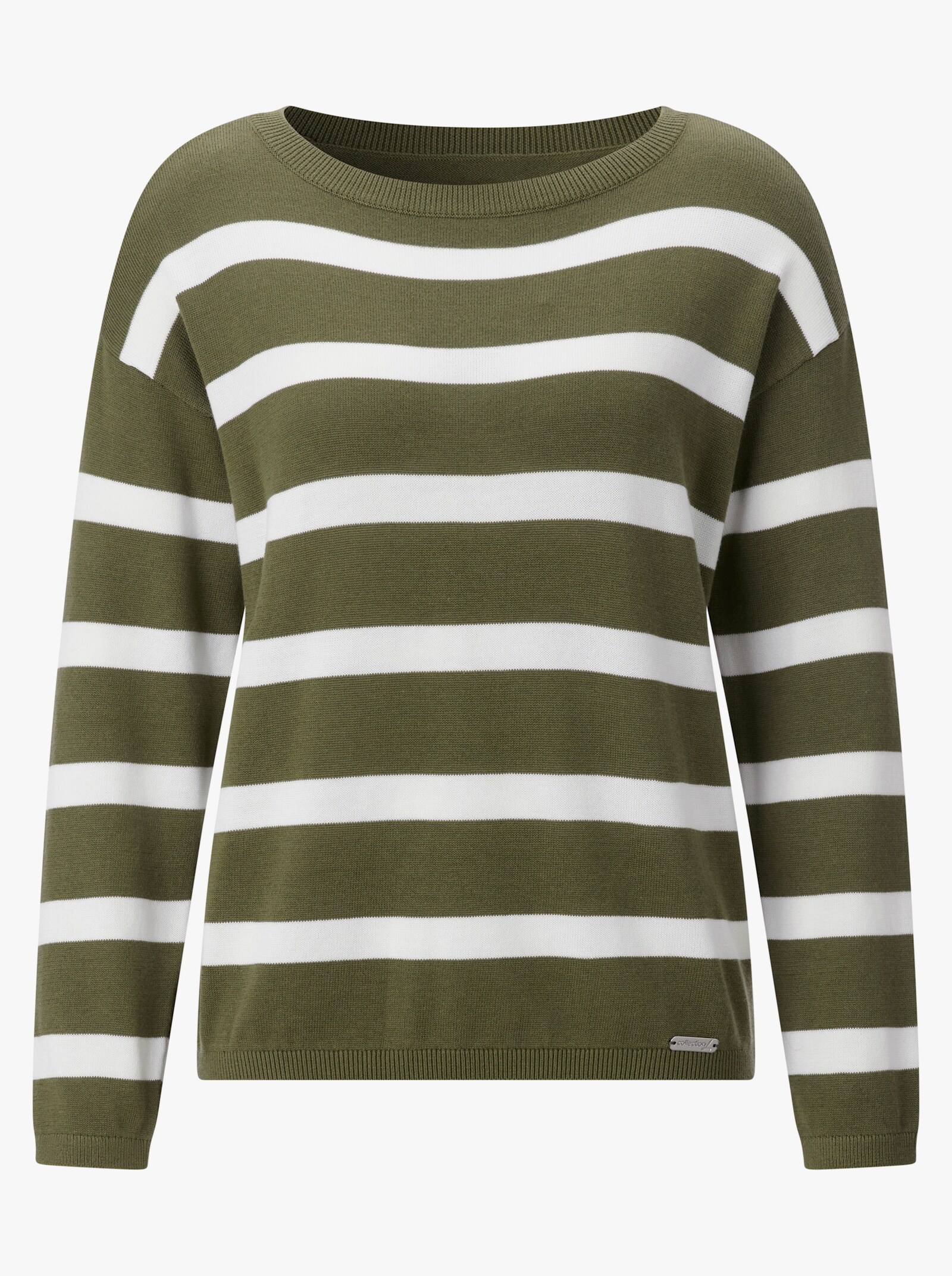 Feinstrickpullover mit U-Boot-Ausschnitt - oliv-ecru-geringelt