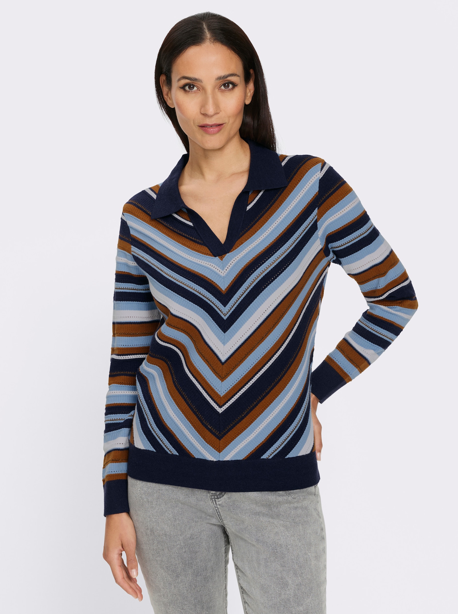 heine Polopullover im Ajourstrick - marine-bleu-gestreift