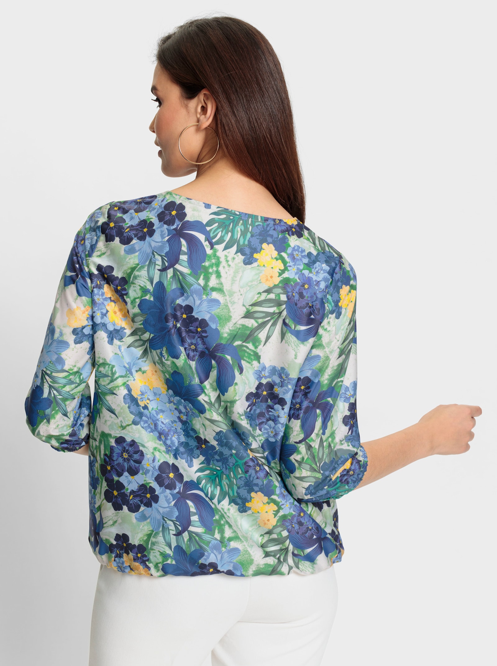 Schlupfbluse mit Gummizug an Ärmeln und Saum - royalblau-smaragd-bedruckt