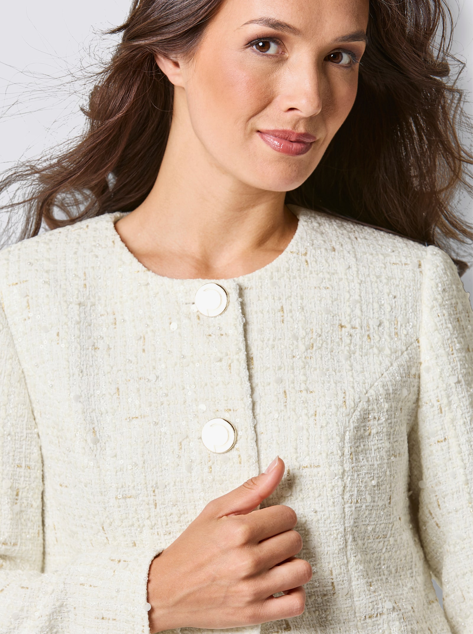 CREATION L PREMIUM Woll-Mix-Bouclé-Blazer mit Zierperlen und Pailletten - ecru