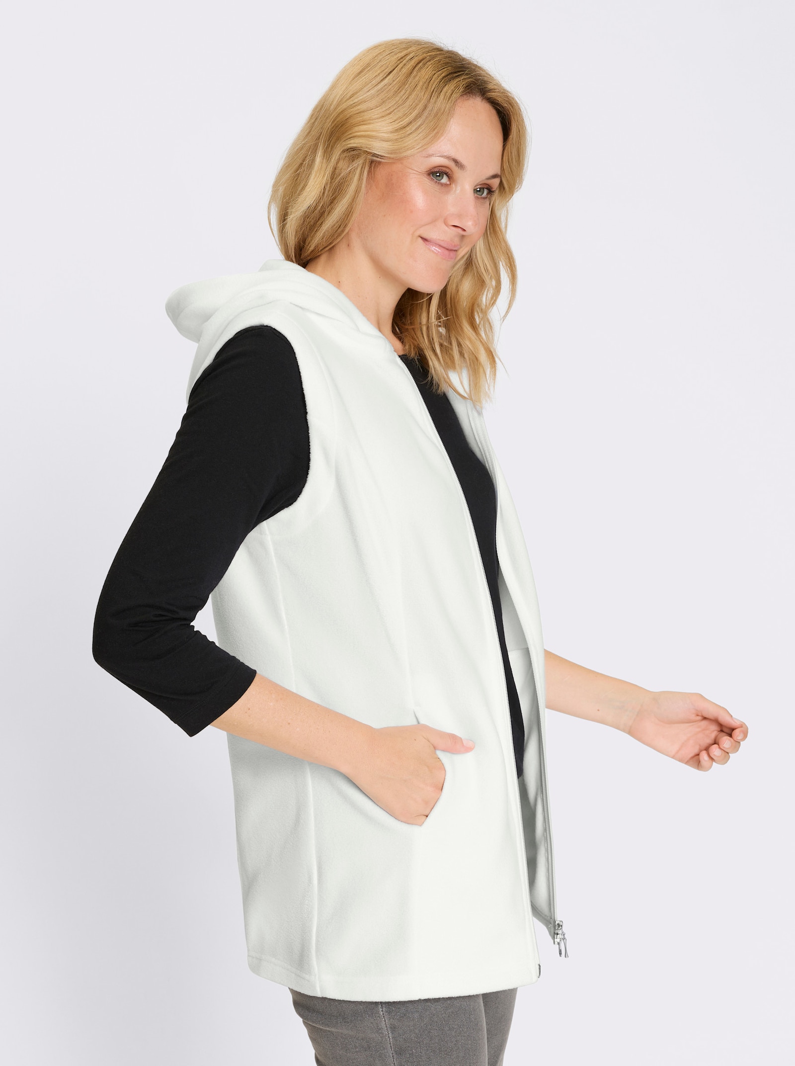 Fleeceväst med tvåvägsdragkedja - gräddvit