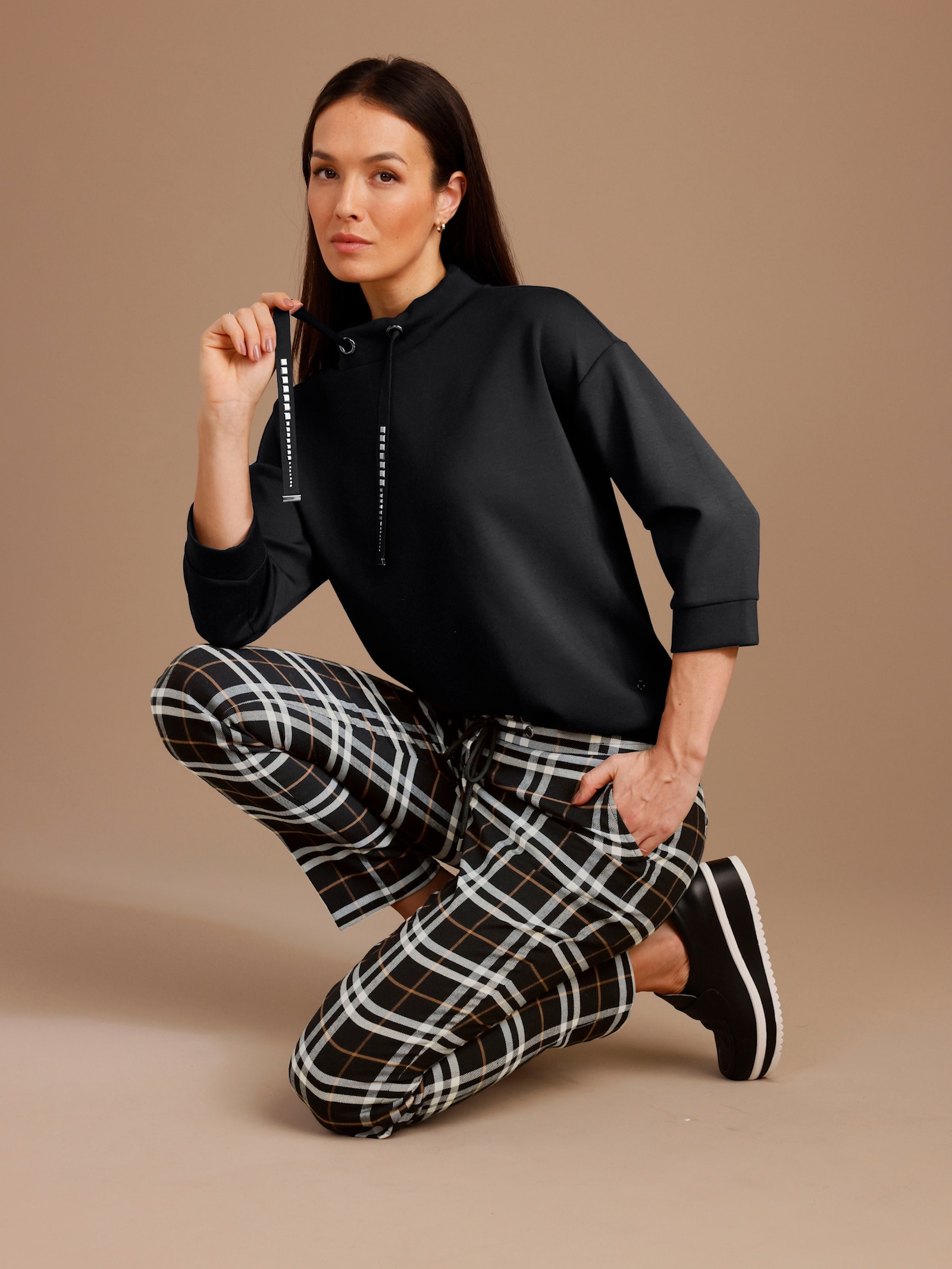 CREATION L PREMIUM Karohose Mit Webkaro-Dessin - schwarz-cognac-kariert