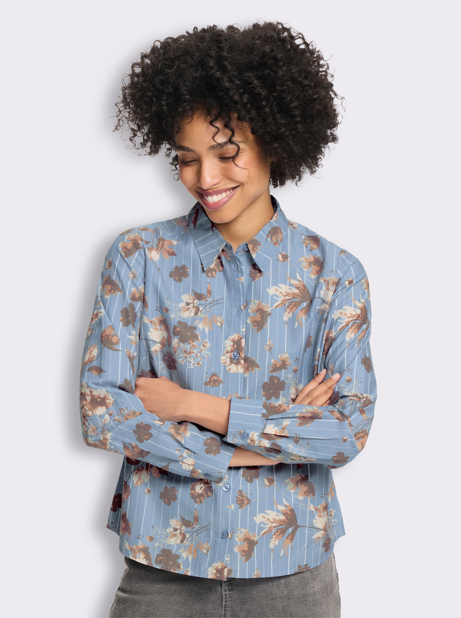 heine Druckbluse mit Blumenmuster - bleu-ecru-gestreift