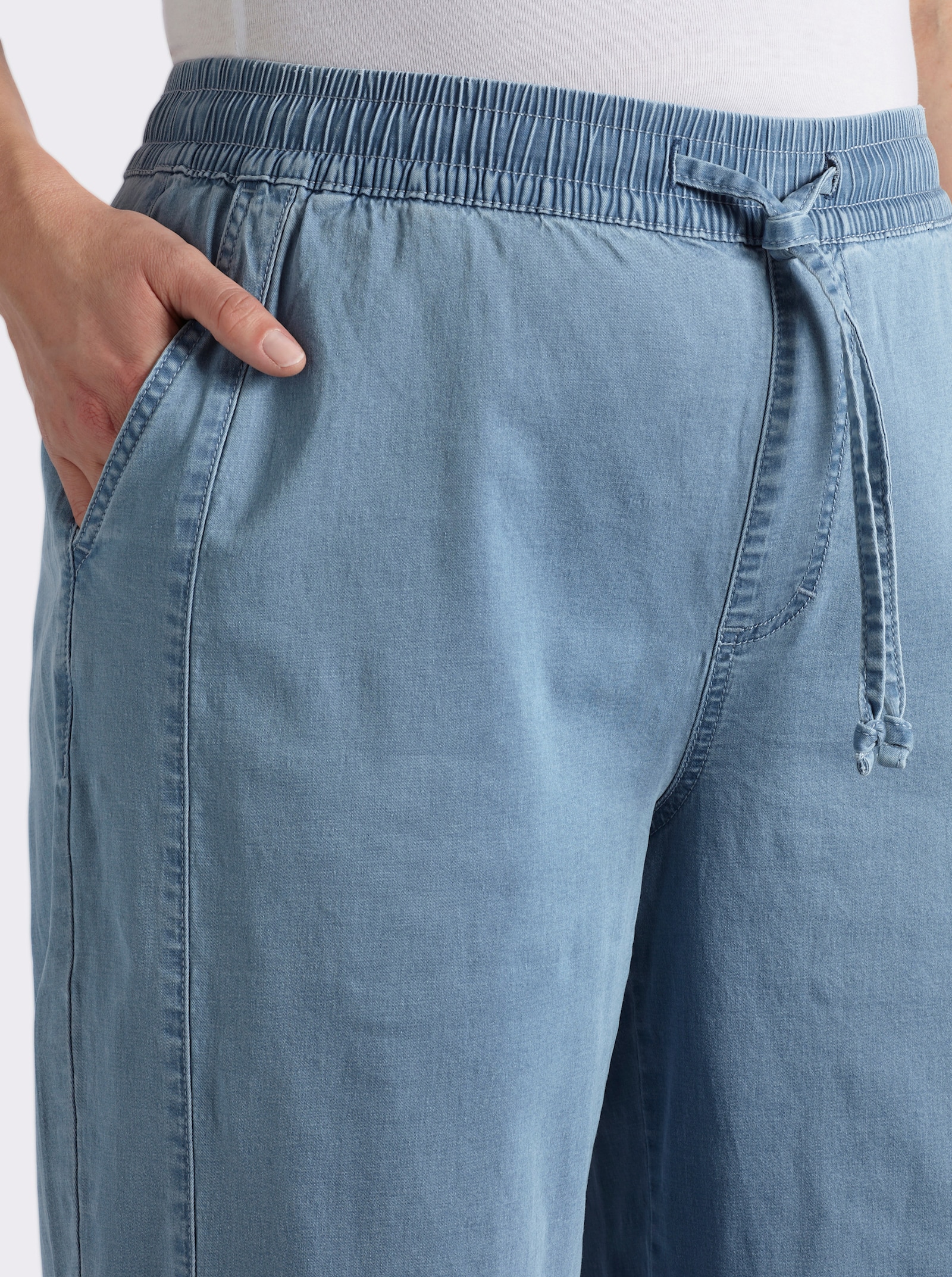 sheego Schlupfjeans mit weitem Bein und Bindeband - blue-bleached