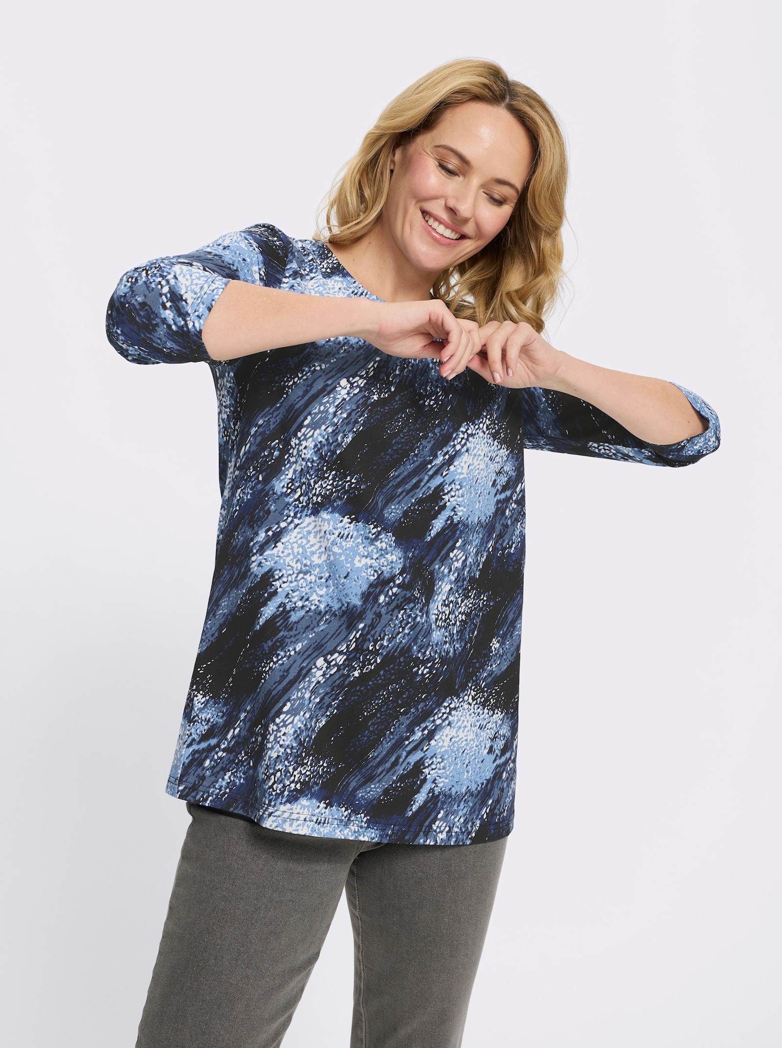 Longshirt mit 3/4-Ärmeln - schwarz-royalblau-bedruckt