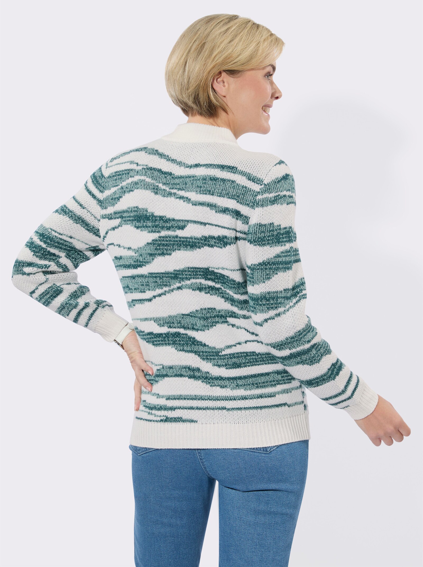 Jacquard-Pullover mit Stehkragen - ecru-salbei-gemustert