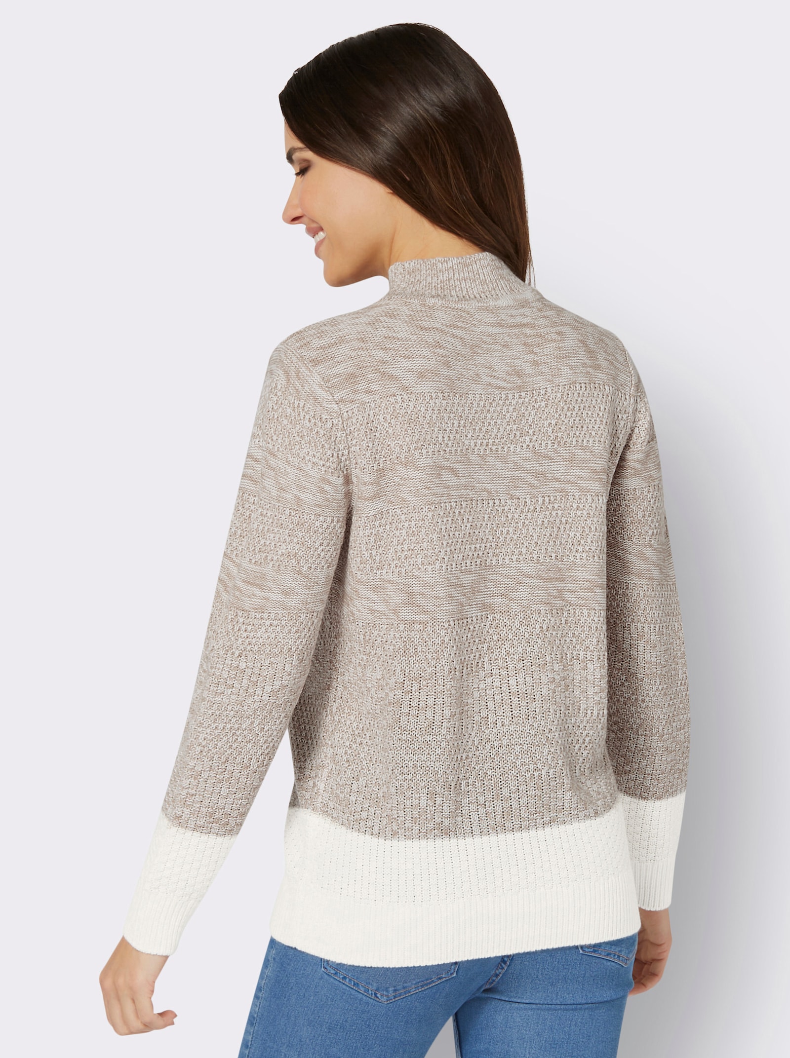 Stehkragenpullover mit Strickmuster-Mix - sesam-ecru-meliert