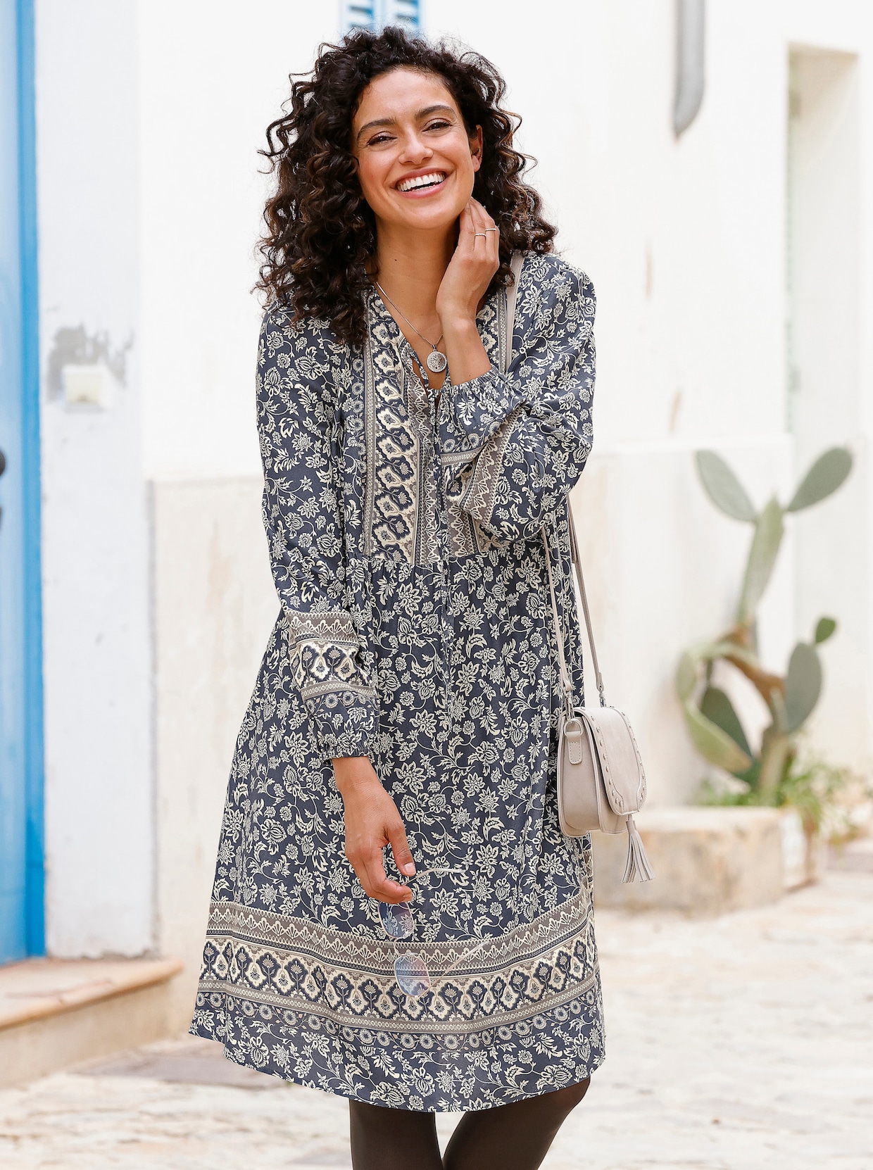 Tunika-Kleid - rauchblau-champagner-bedruckt