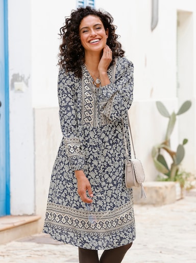 Tunika-Kleid - rauchblau-champagner-bedruckt