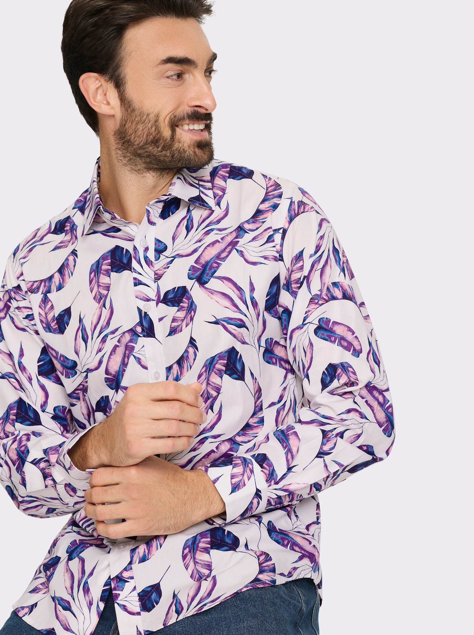 Marco Donati Langarmhemd mit Blätter-Print - weiß-lila-bedruckt