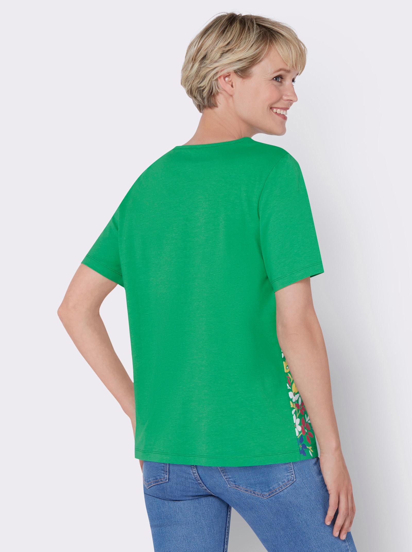 Kurzarmshirt mit floralem Druck - grasgrün-pink