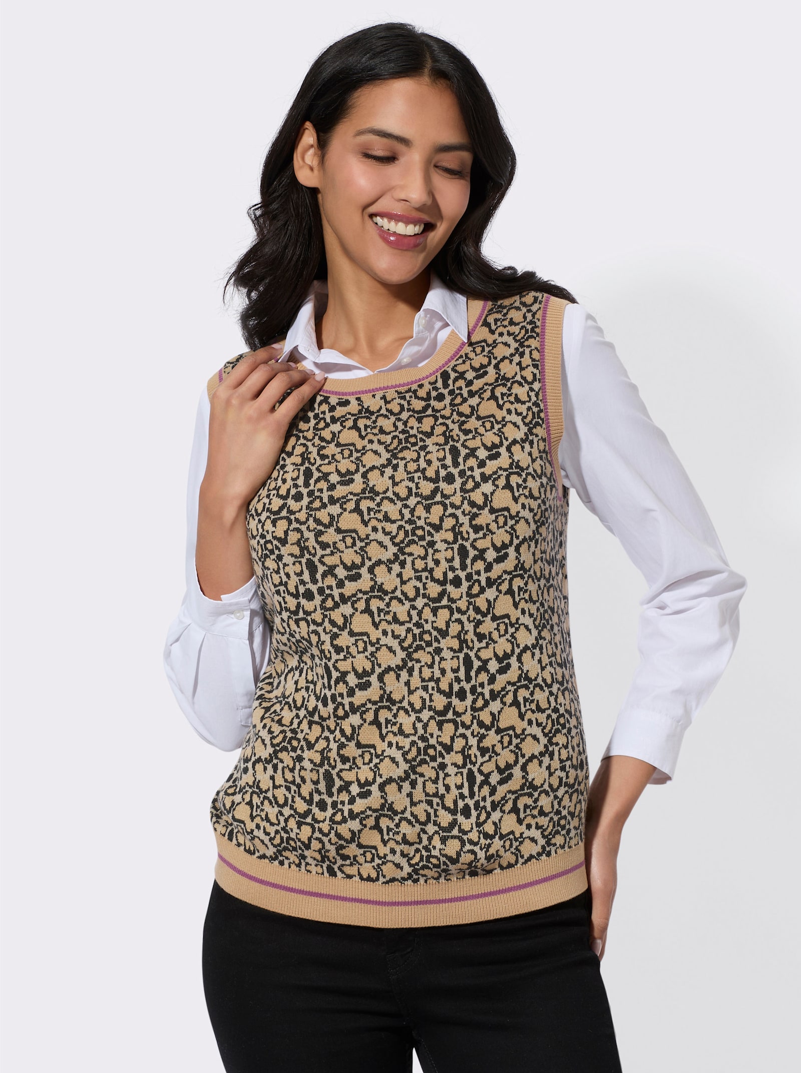 Slip-over met dierendessin - beige/zwart gedessineerd