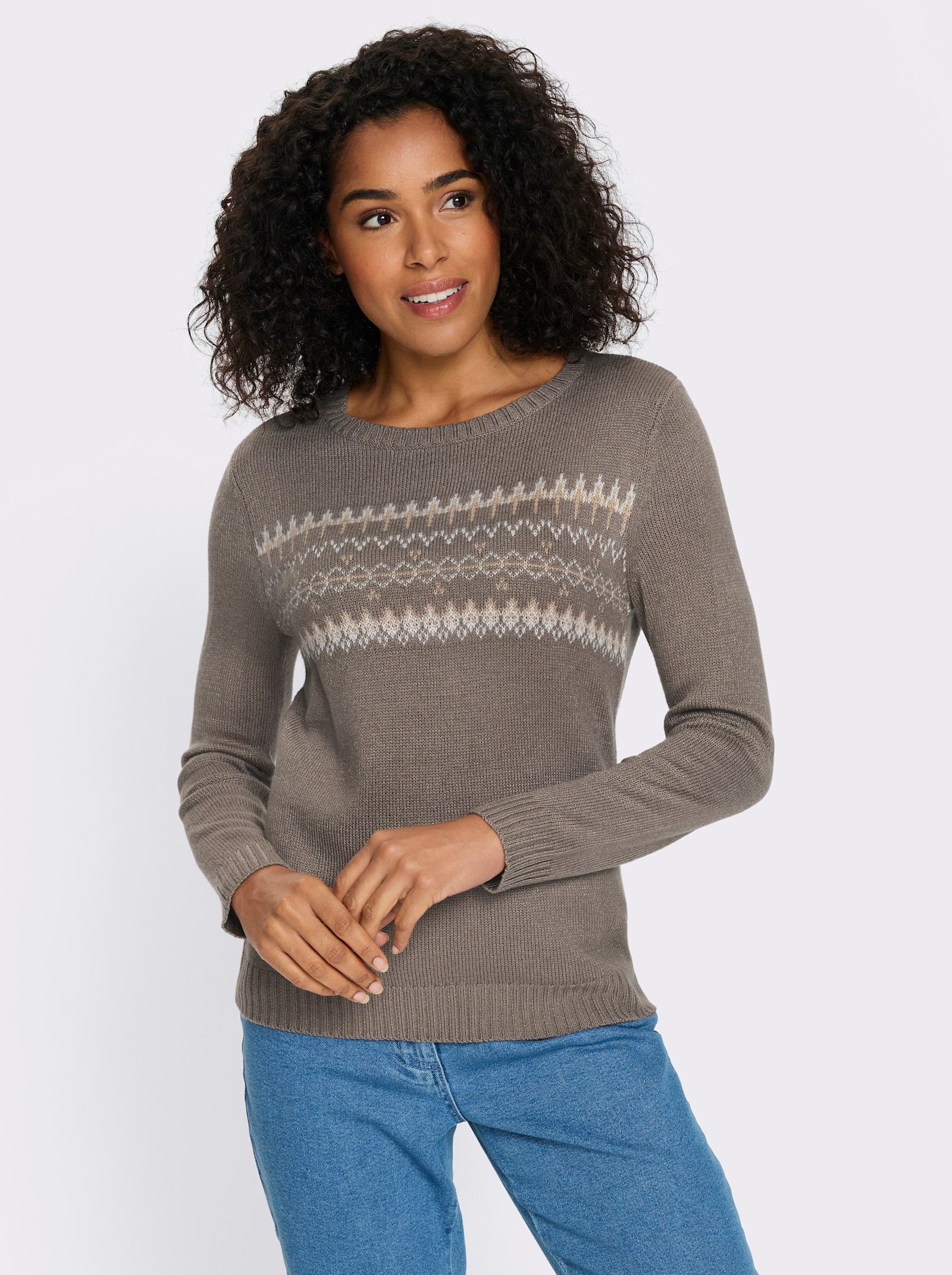 Langarm-Pullover mit Jacquard-Muster - taupe-beige-gemustert