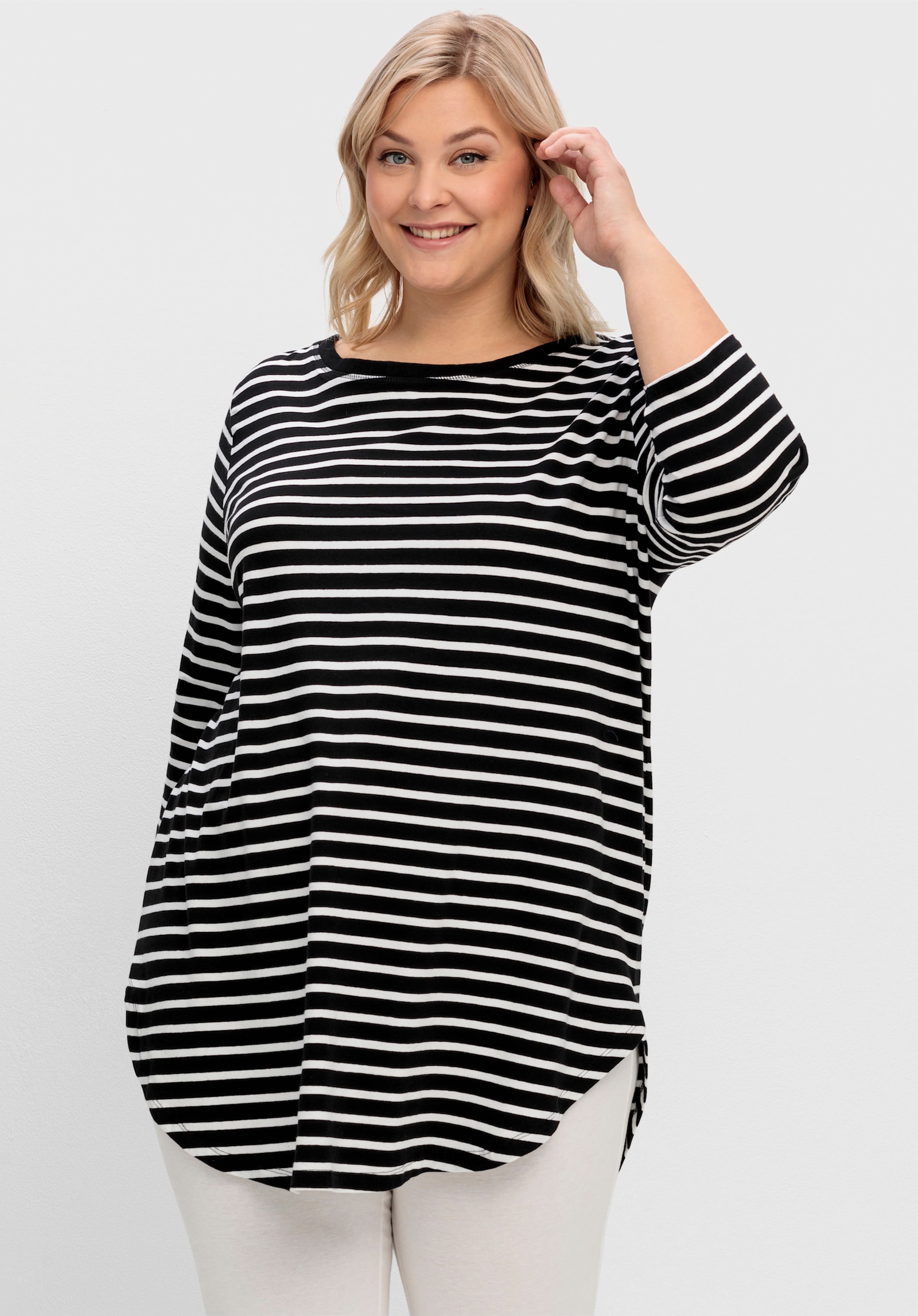 sheego Lang shirt met strepen - zwart/wit