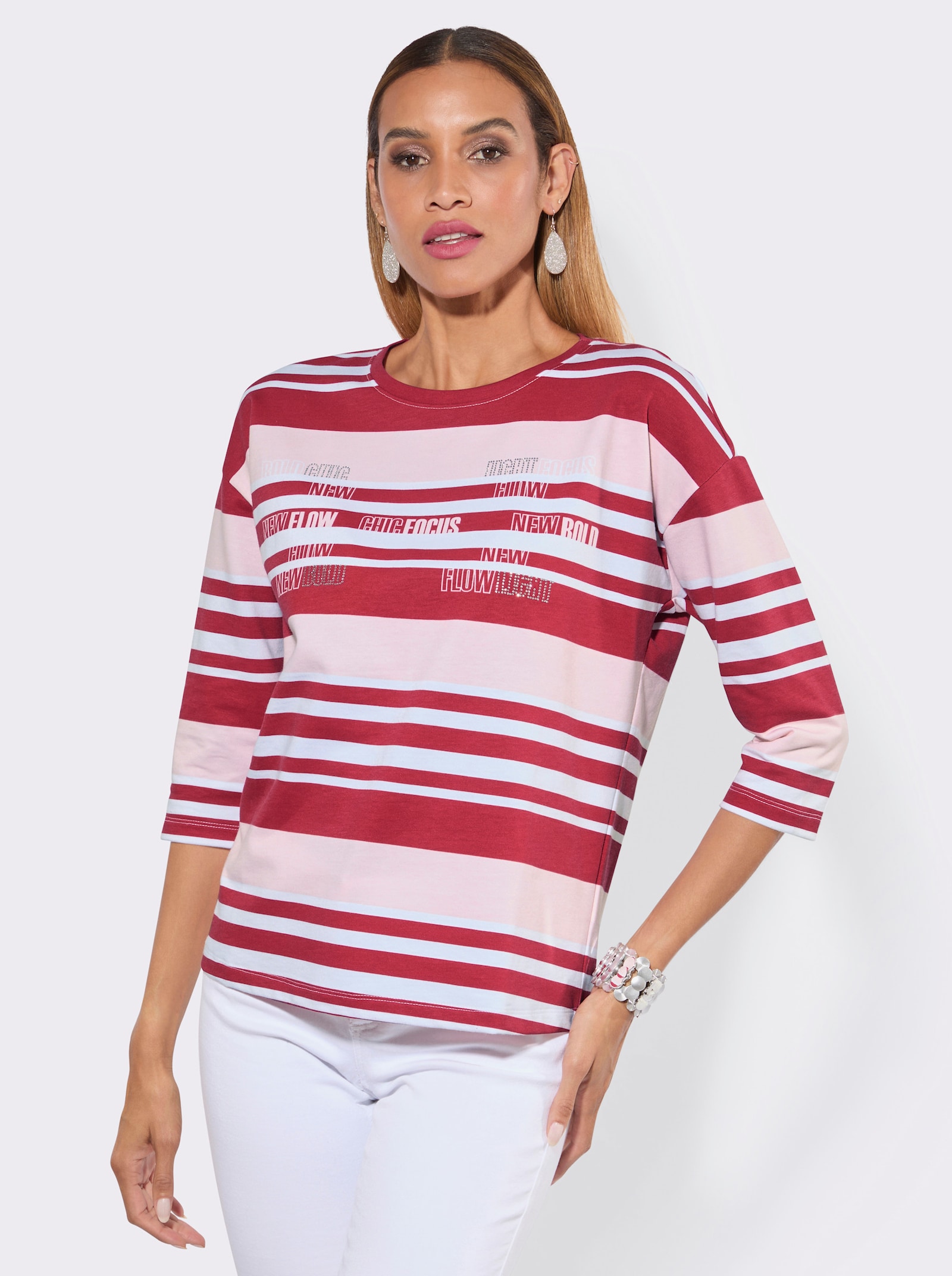 Ringelshirt mit Metallsteinchen - rot-weiß-geringelt