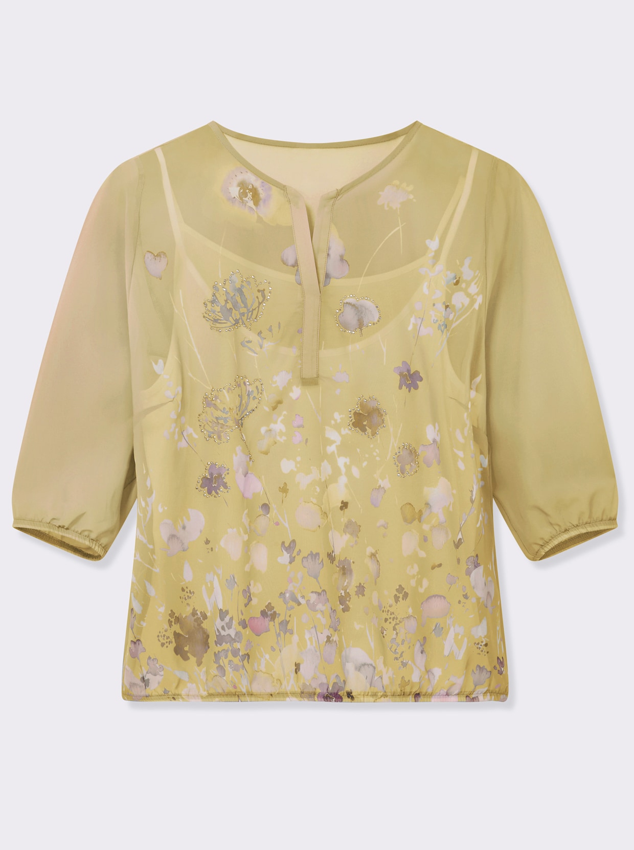 Schlupfbluse mit Spaghetti-Top - gelb-bedruckt