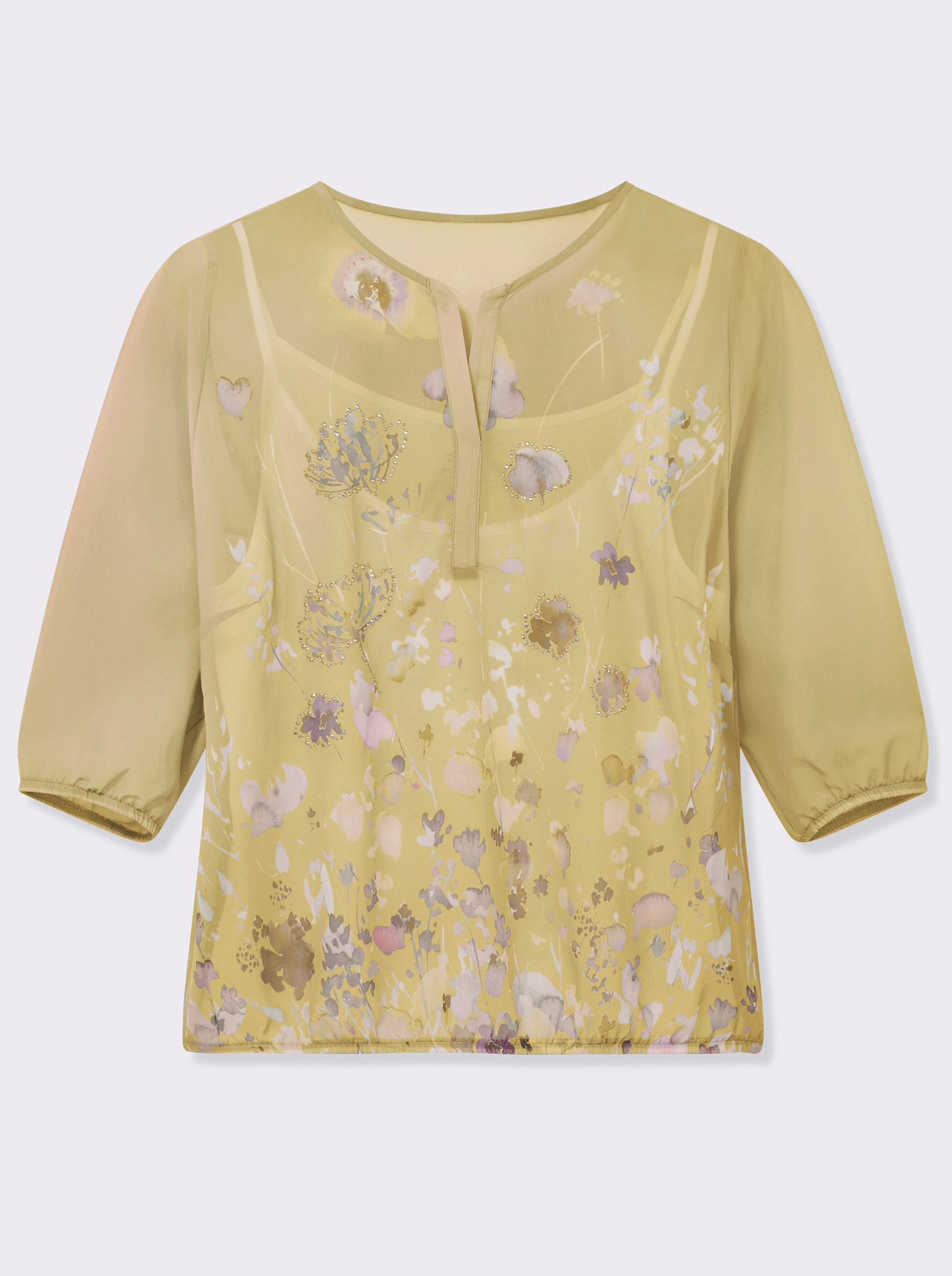 Schlupfbluse mit Spaghetti-Top - gelb-bedruckt