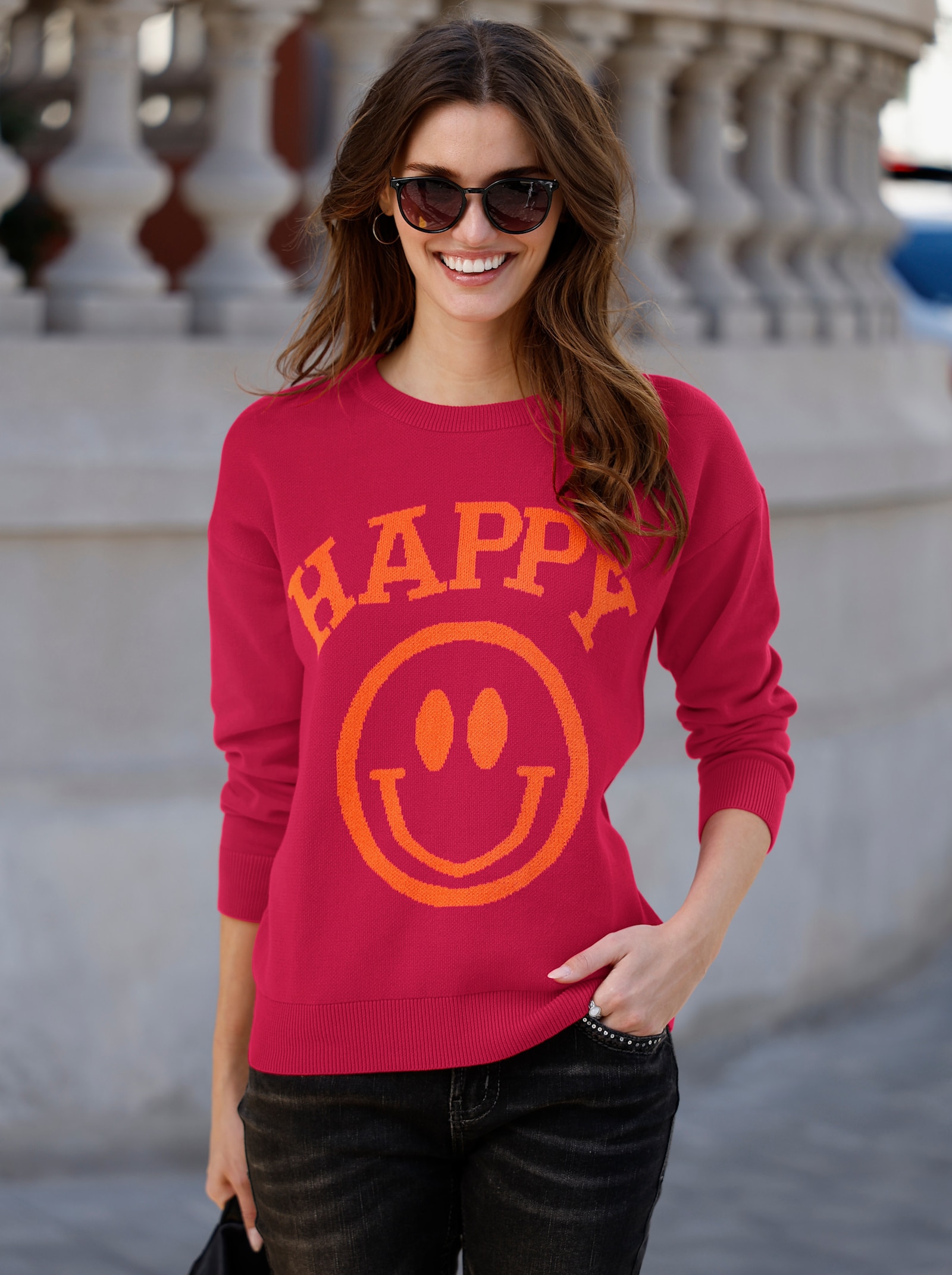 Langarm-Pullover mit Smiley-Print - pink-orange