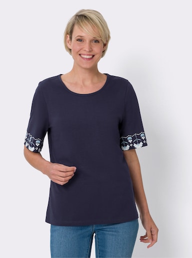 Kurzarmshirt mit Bordüren-Druck - marine-weiß
