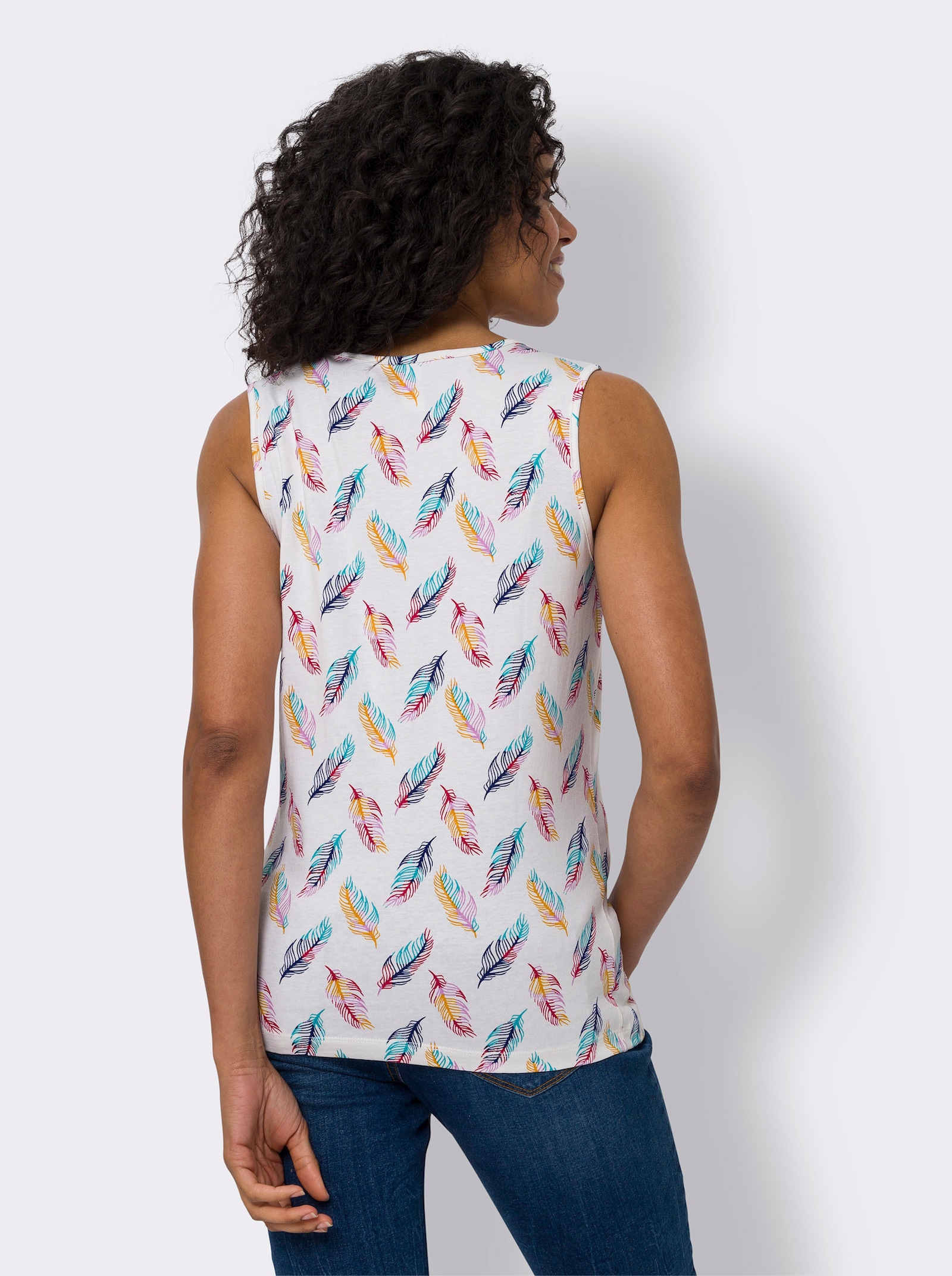 Linne med fjädertryck - ecru-rosa-med tryck