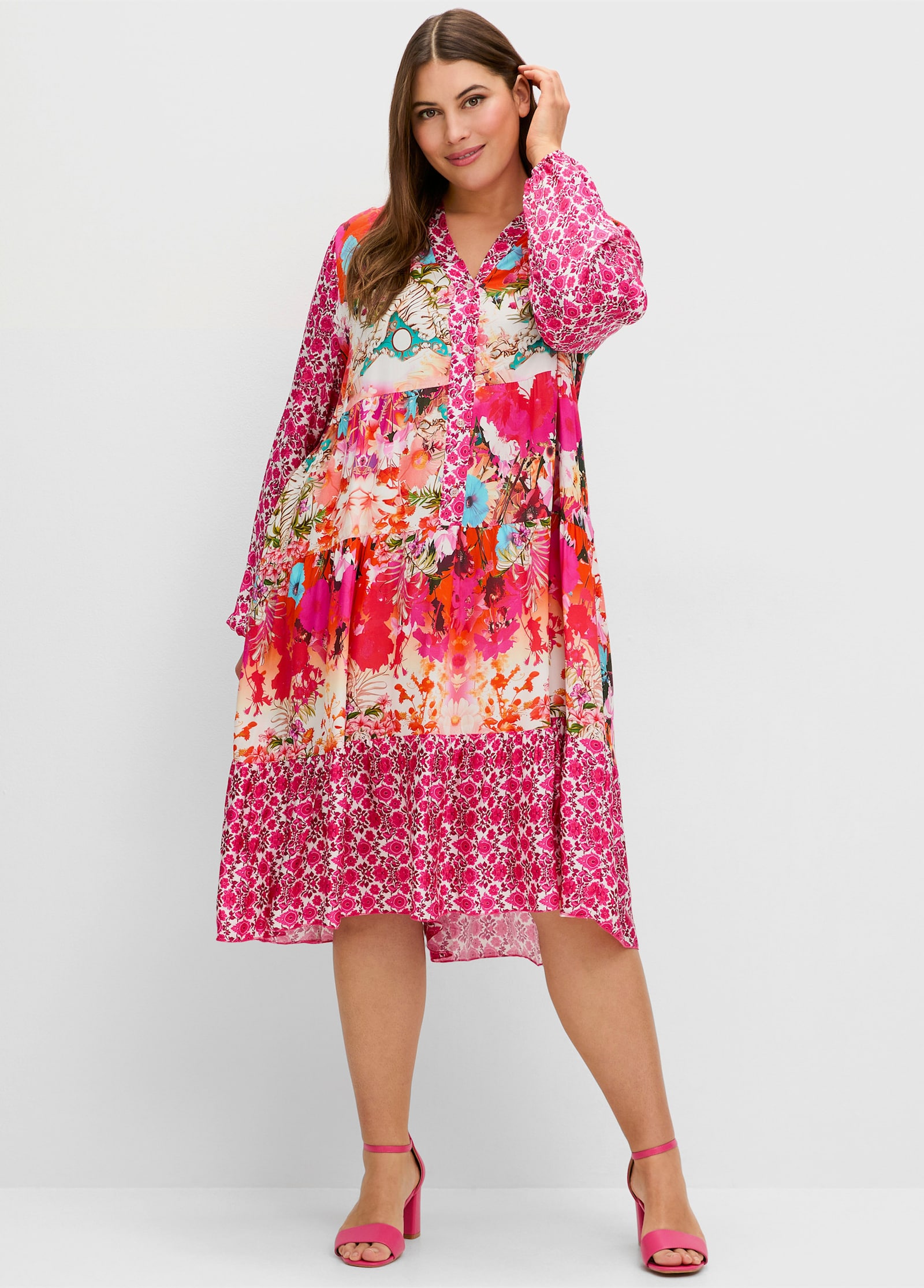 sheego loves miss goodlife Stufenkleid mit Ballonärmeln - rotorange-gemustert