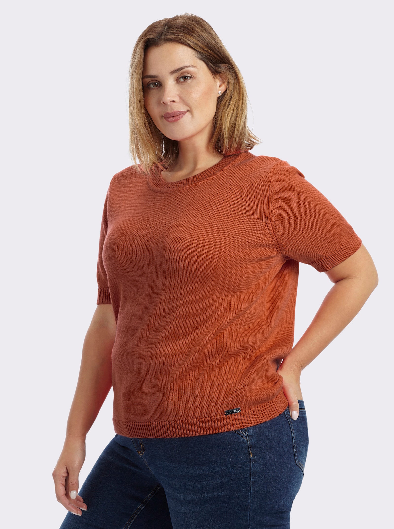 Kurzarmpullover mit Rippabschlüssen - rostrot