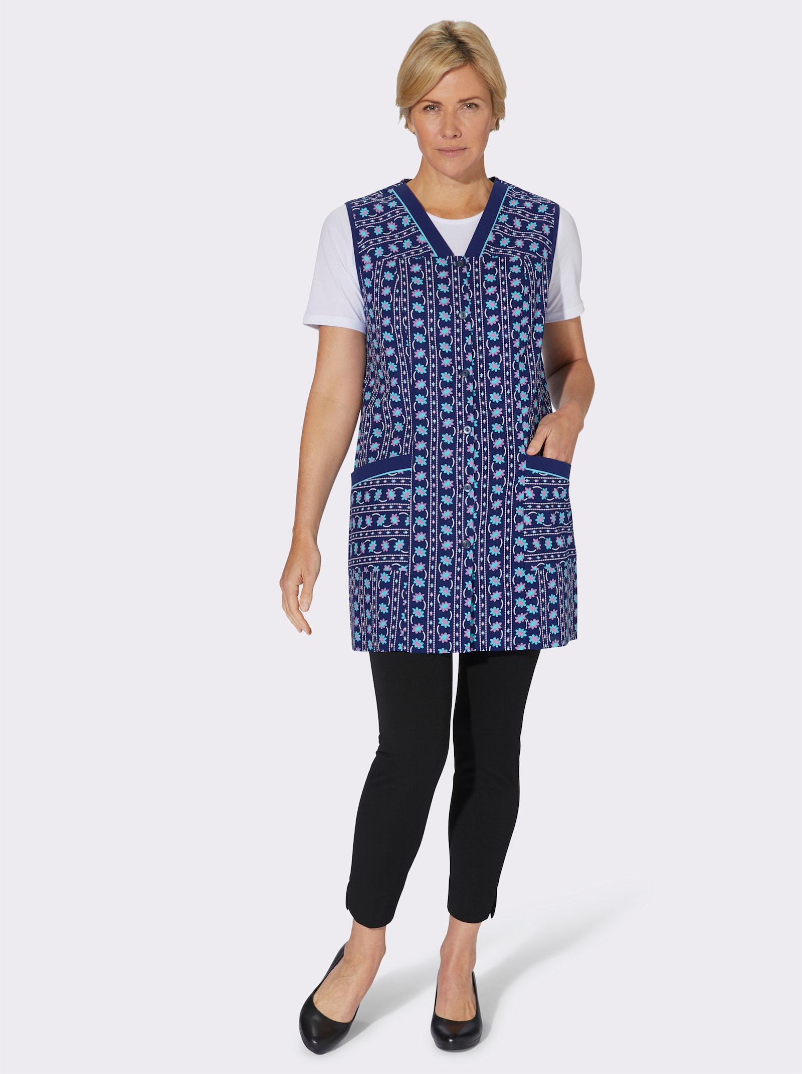 Kasack mit Riegel am Rücken - türkis-bedruckt