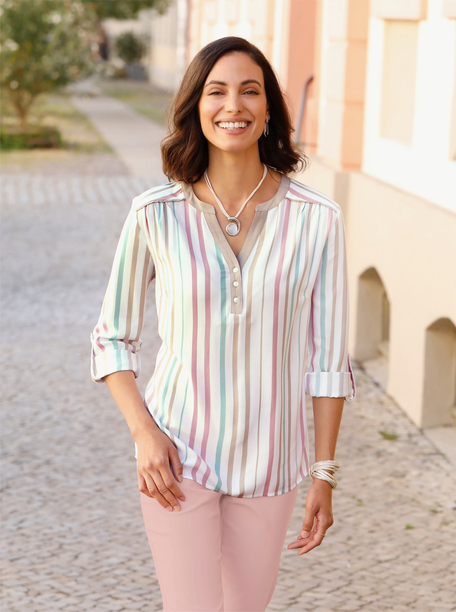 Schlupfbluse aus reiner Viskose - ecru-beige-gestreift