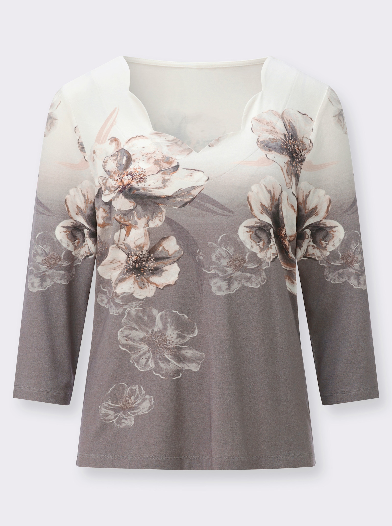 3/4-Arm-Shirt mit platziertem Blumenmuster - ecru-grau-bedruckt
