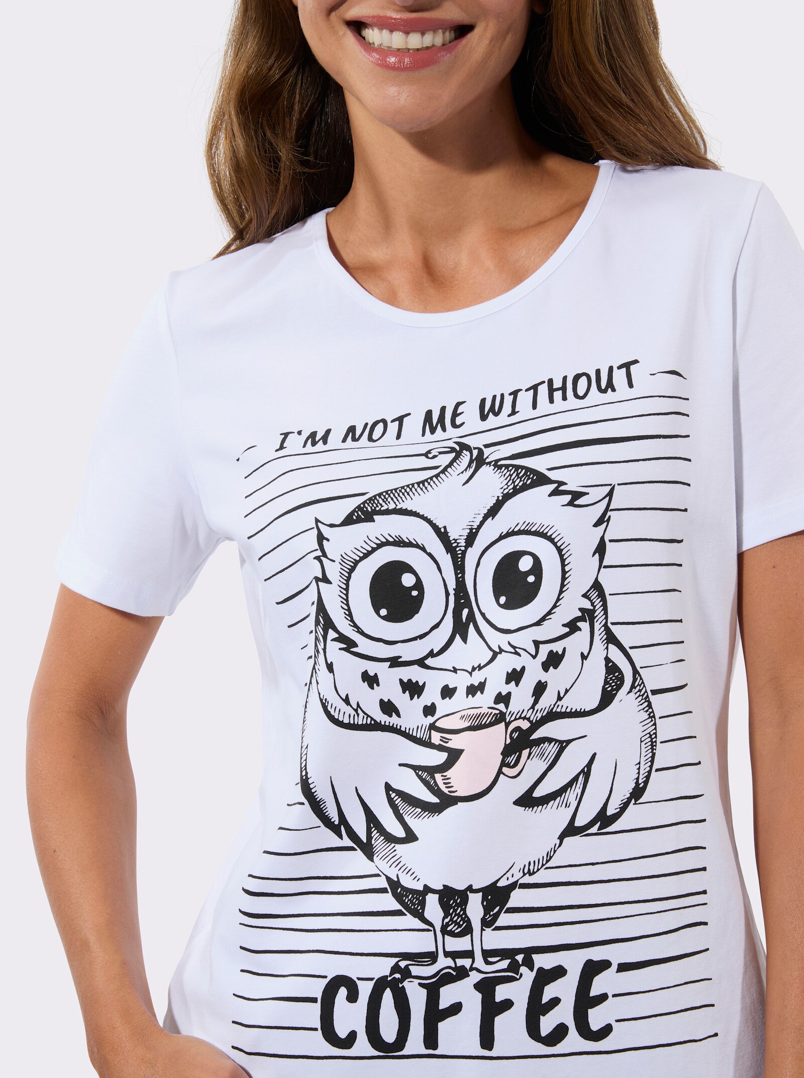 Kurzarmshirt mit Eulen-Motiv - weiß-schwarz
