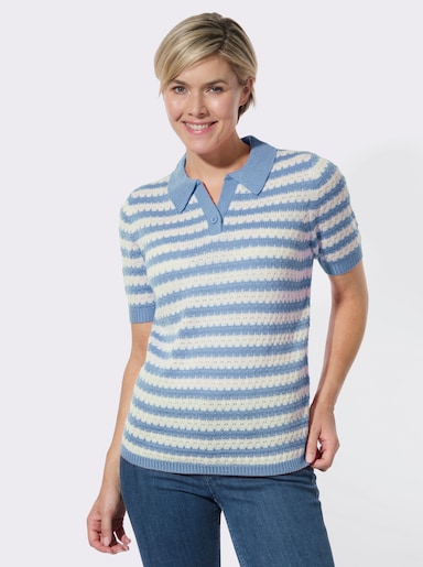 Polopullover mit Ajourmuster - bleu-ecru-geringelt