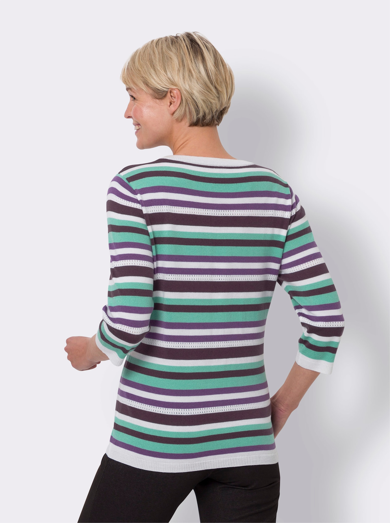 Gestreepte pullover van ajourtricot - lila/blauwgroen gestreept